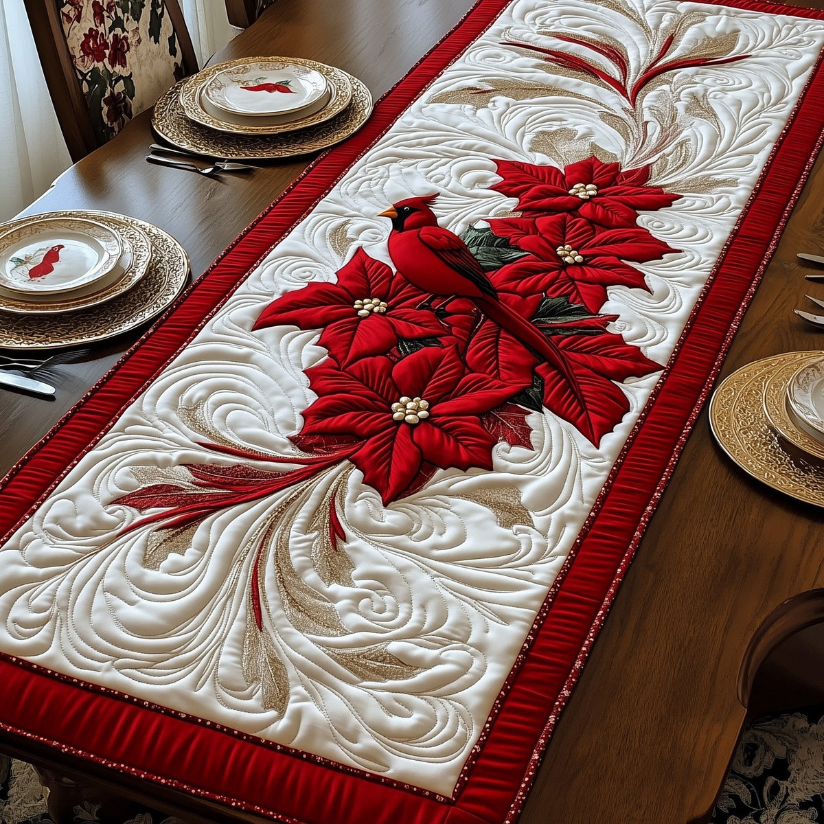 Cardinal with Red Poinsettias on Cream Table Runner