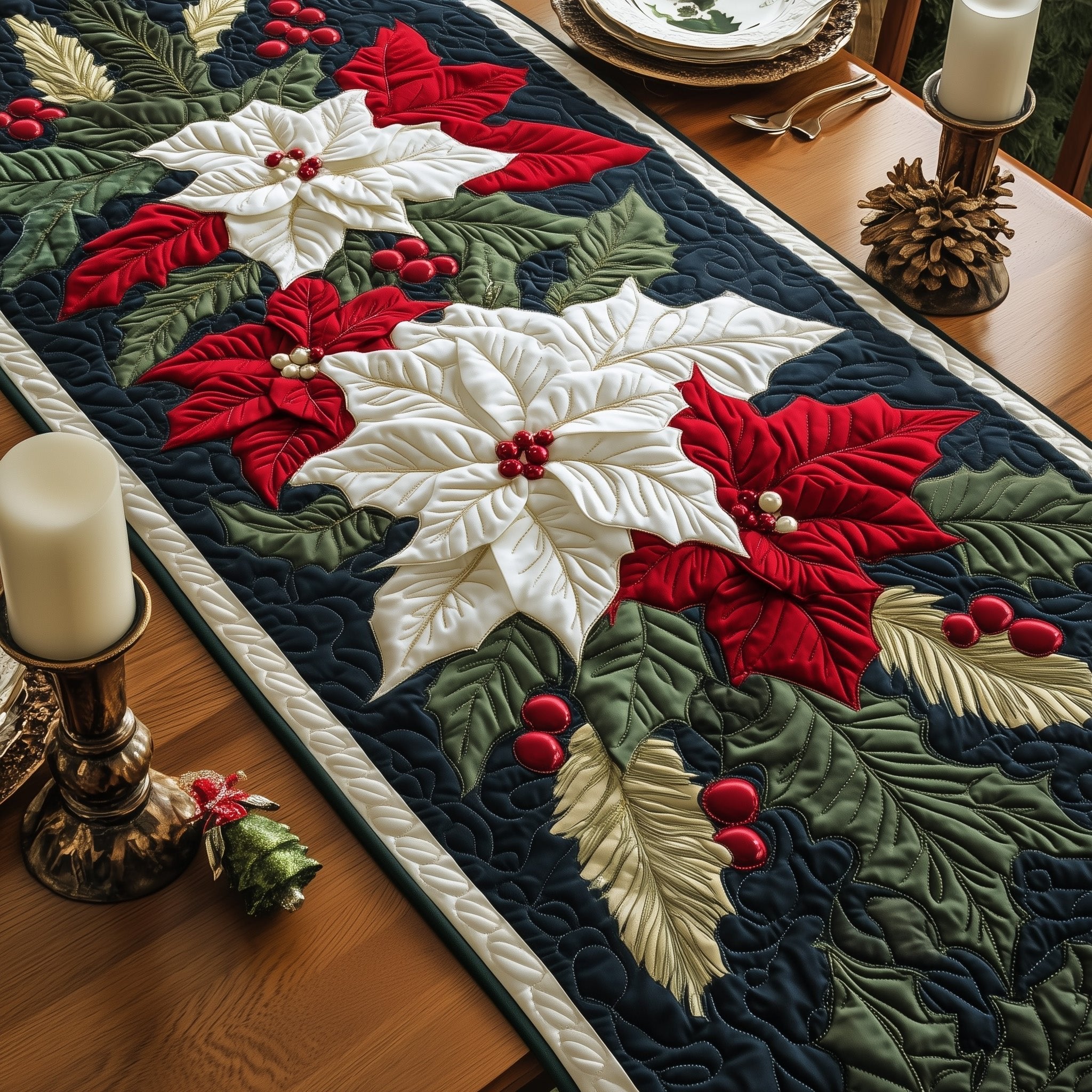 Red and White Poinsettias on Green Table Runner