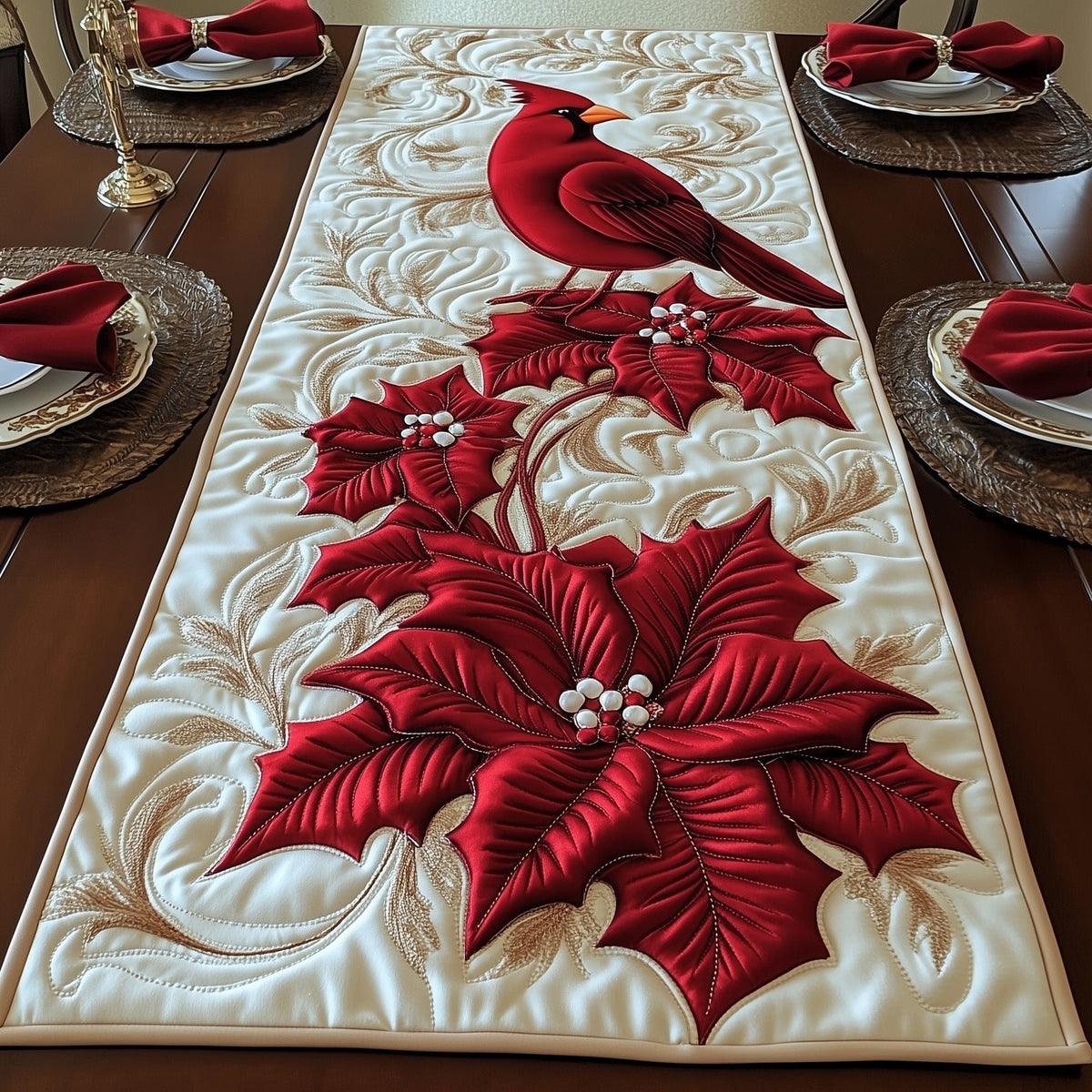 Red Poinsettias on Ivory Satin Table Runner