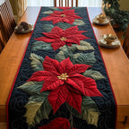 Red Poinsettias on Dark Green Table Runner
