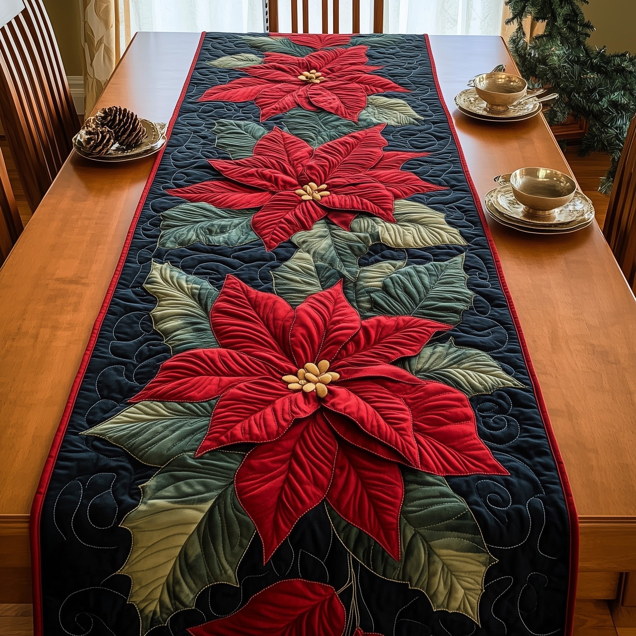 Red Poinsettias on Dark Green Table Runner