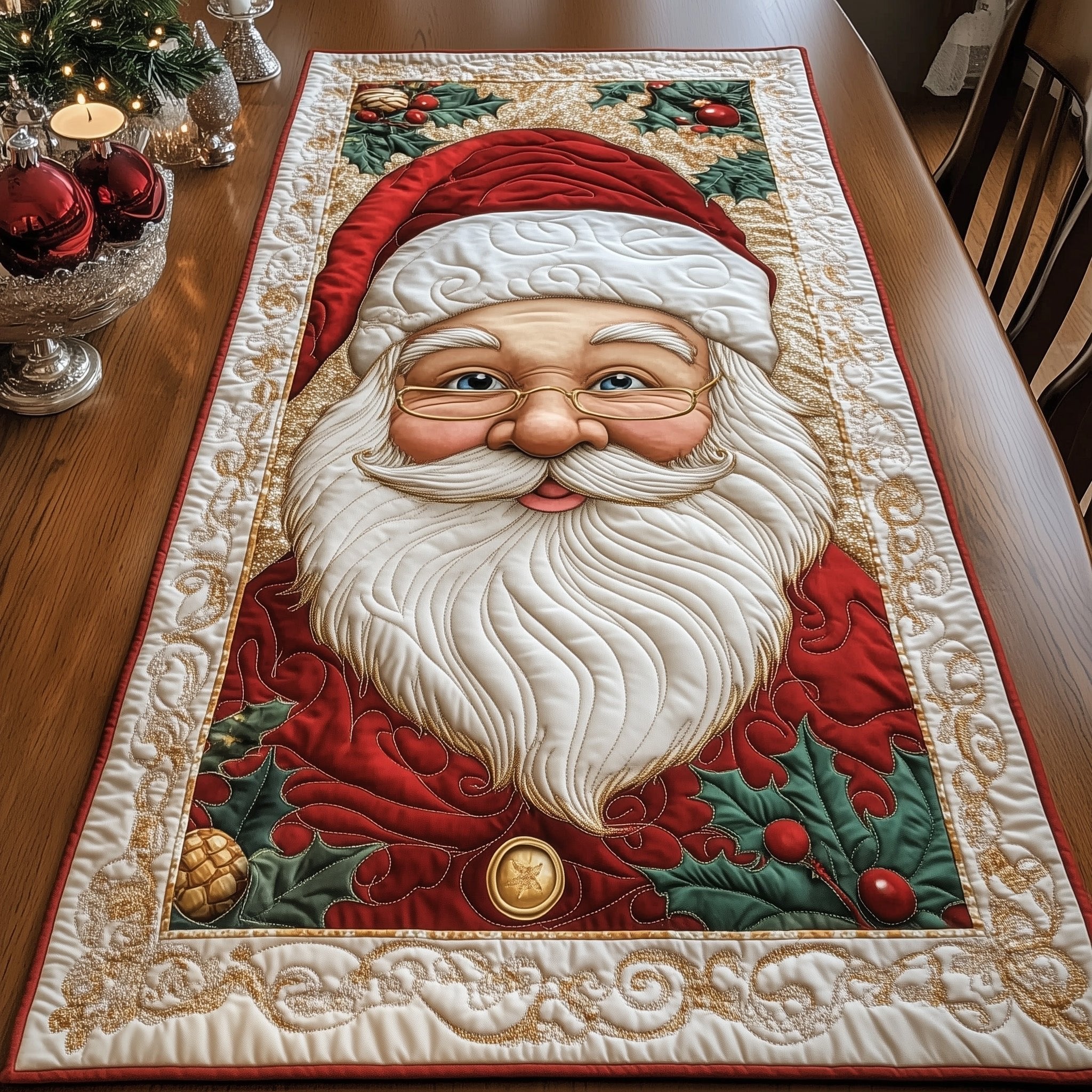 Smiling Santa on Cream Panel Table Runner