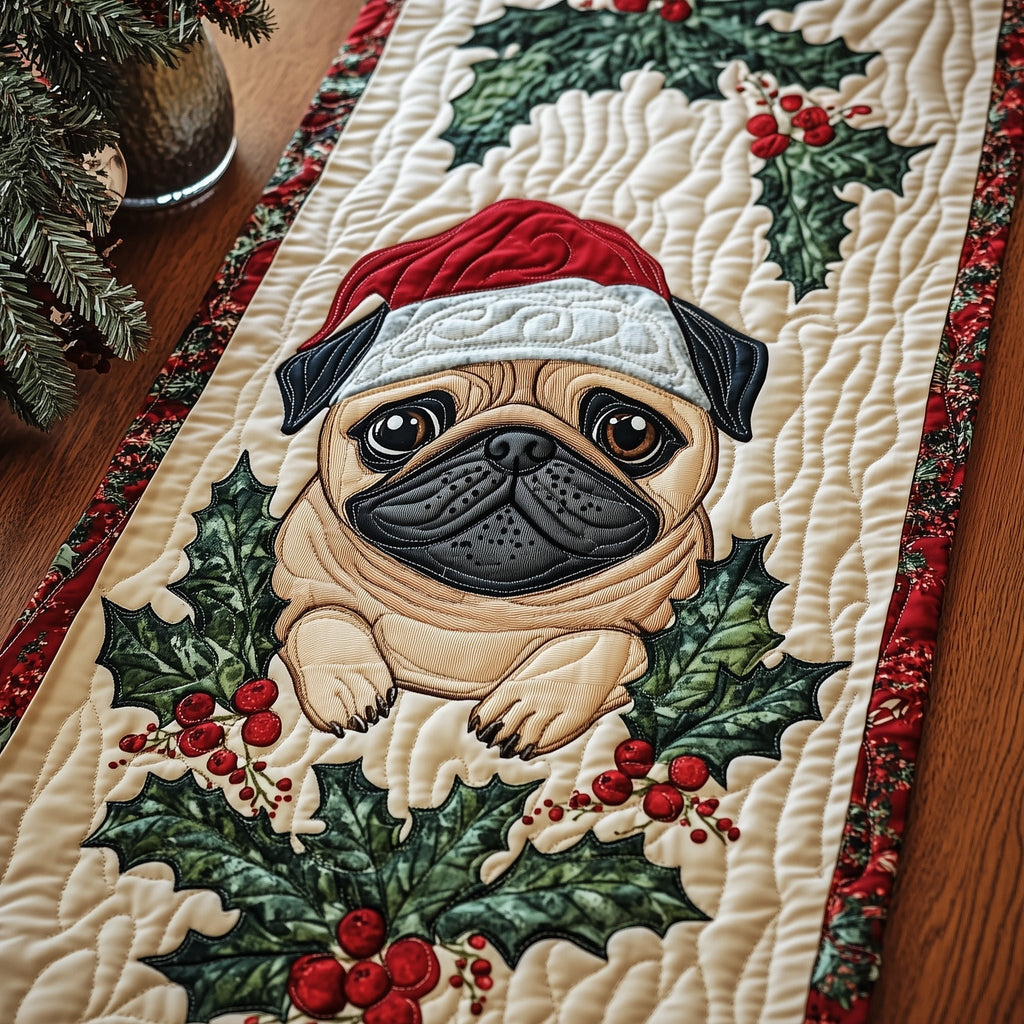 Santa Hat Pug with Holly Berries Table Runner