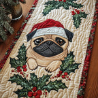 Santa Hat Pug with Holly Berries Table Runner