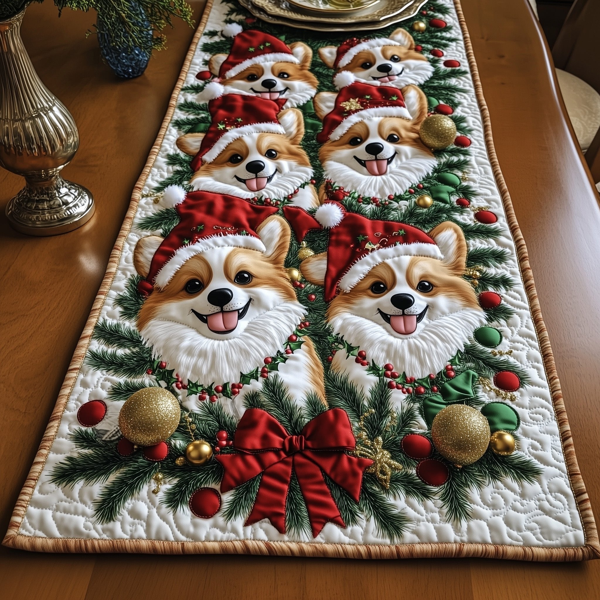Corgis with Christmas Ornaments Table Runner