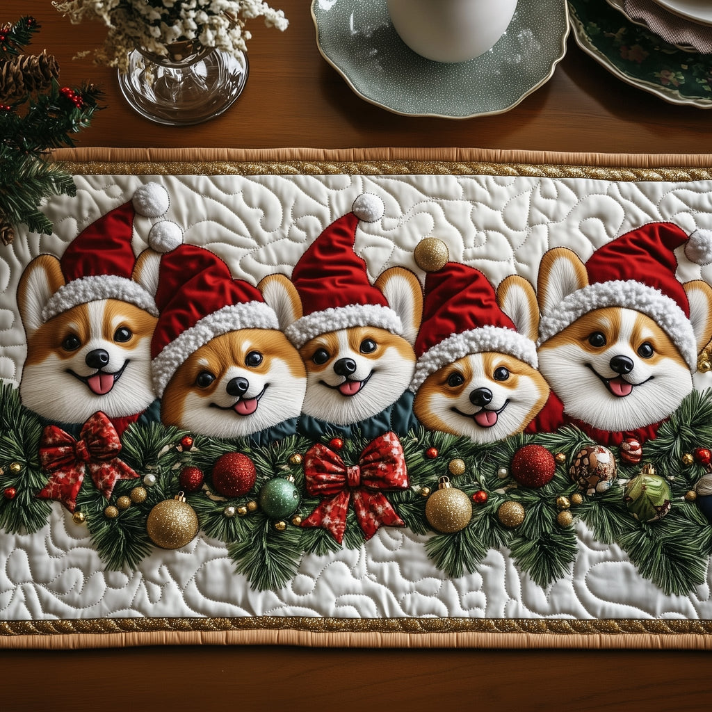 Corgis in Santa Hats with Bow Table Runner