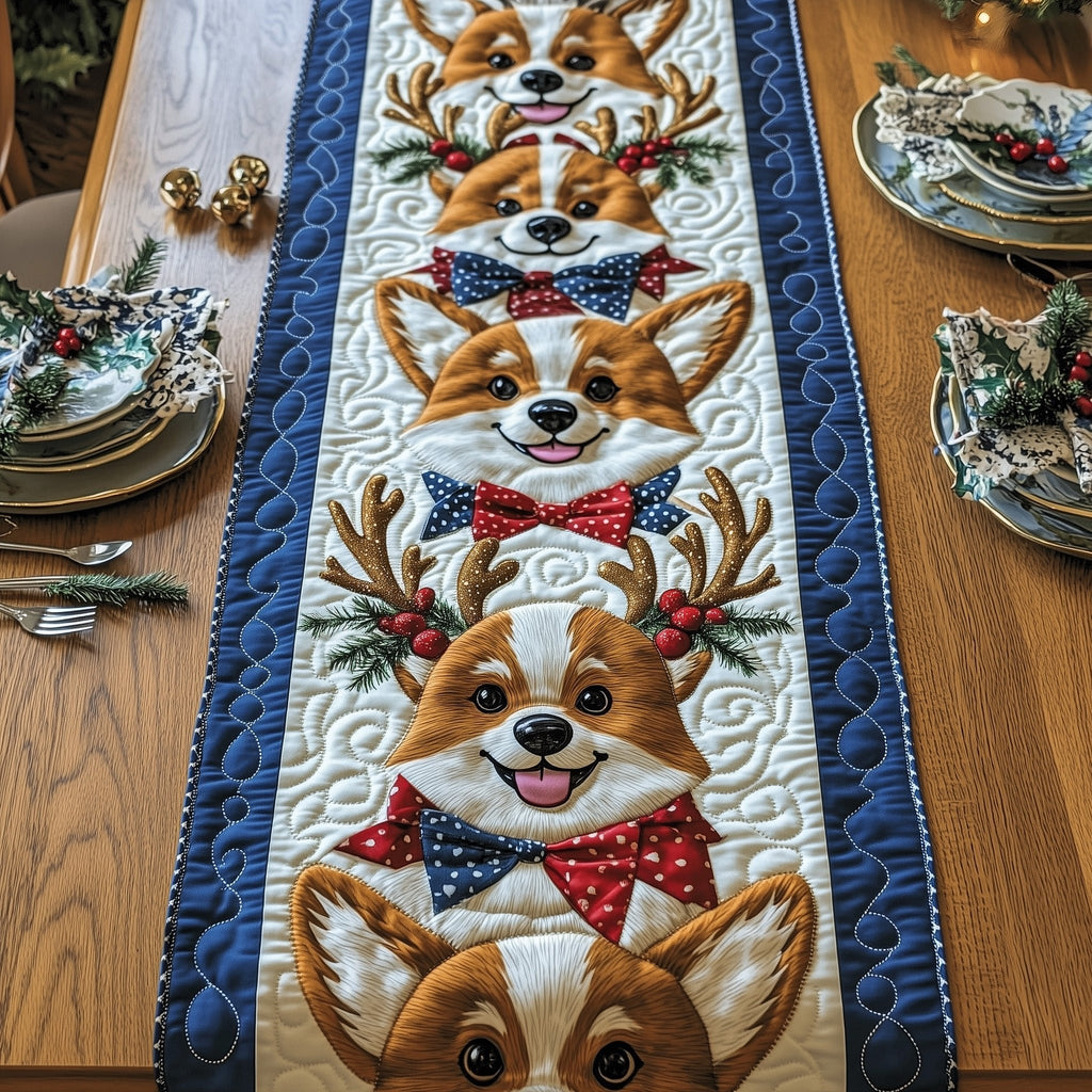 Corgis in Bow Ties on Blue Table Runner