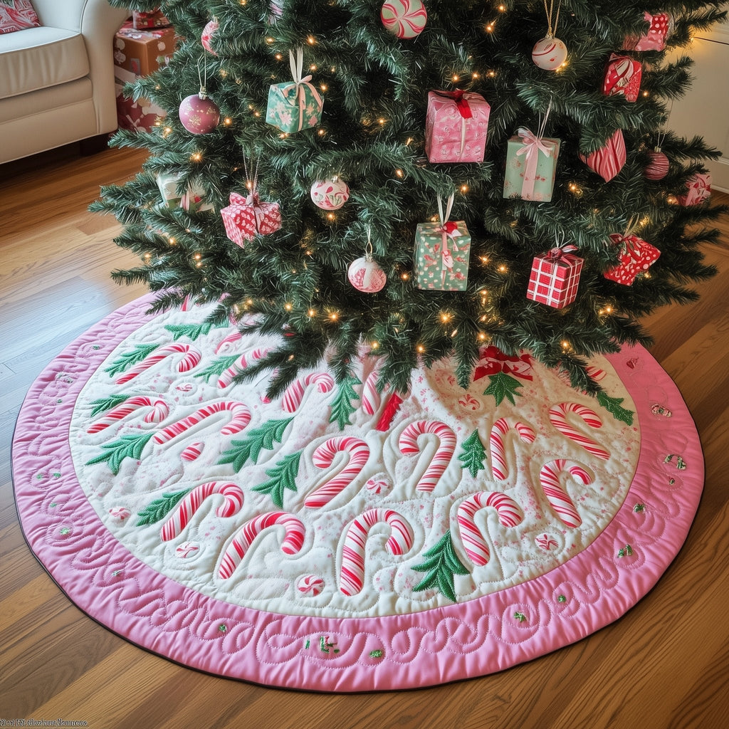Pink Candy Canes on Pink Border Christmas Tree Skirt