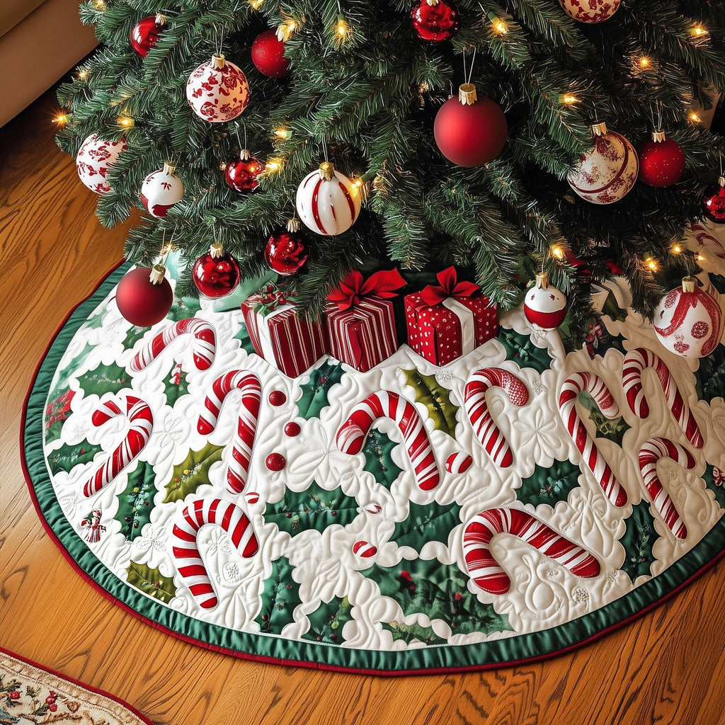Candy Canes with Holly Green Edge Christmas Tree Skirt