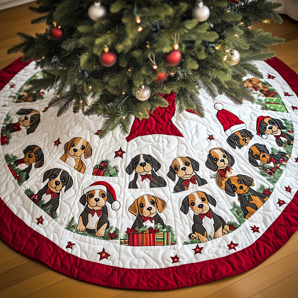Beagle Pups with Gifts on Snow Christmas Tree Skirt