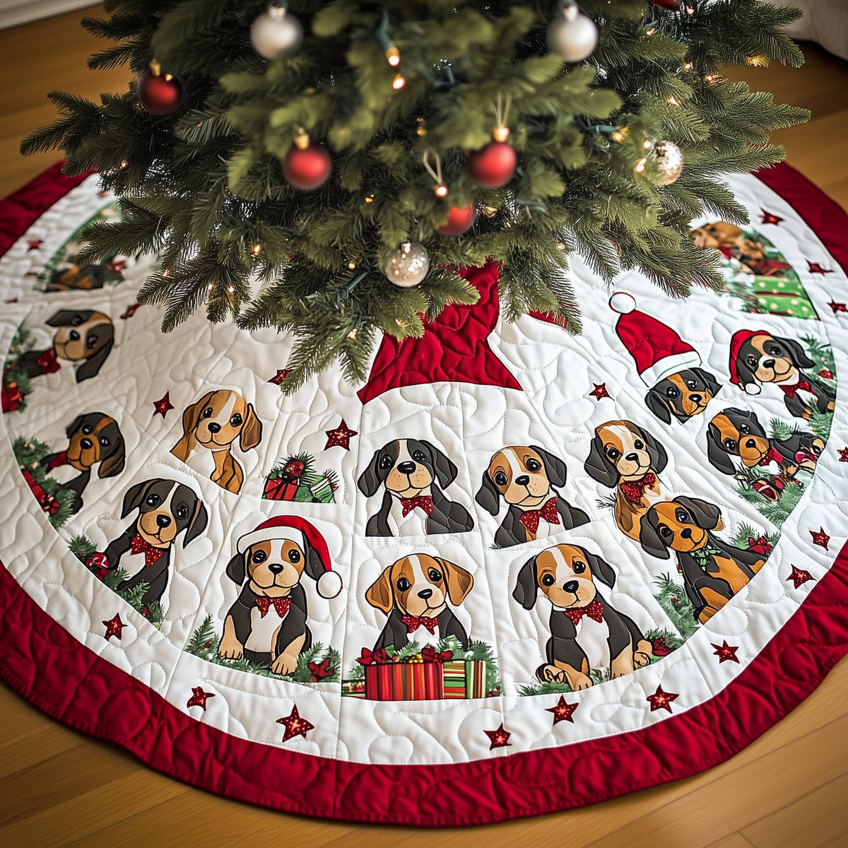 Beagle Pups with Gifts on Snow Christmas Tree Skirt