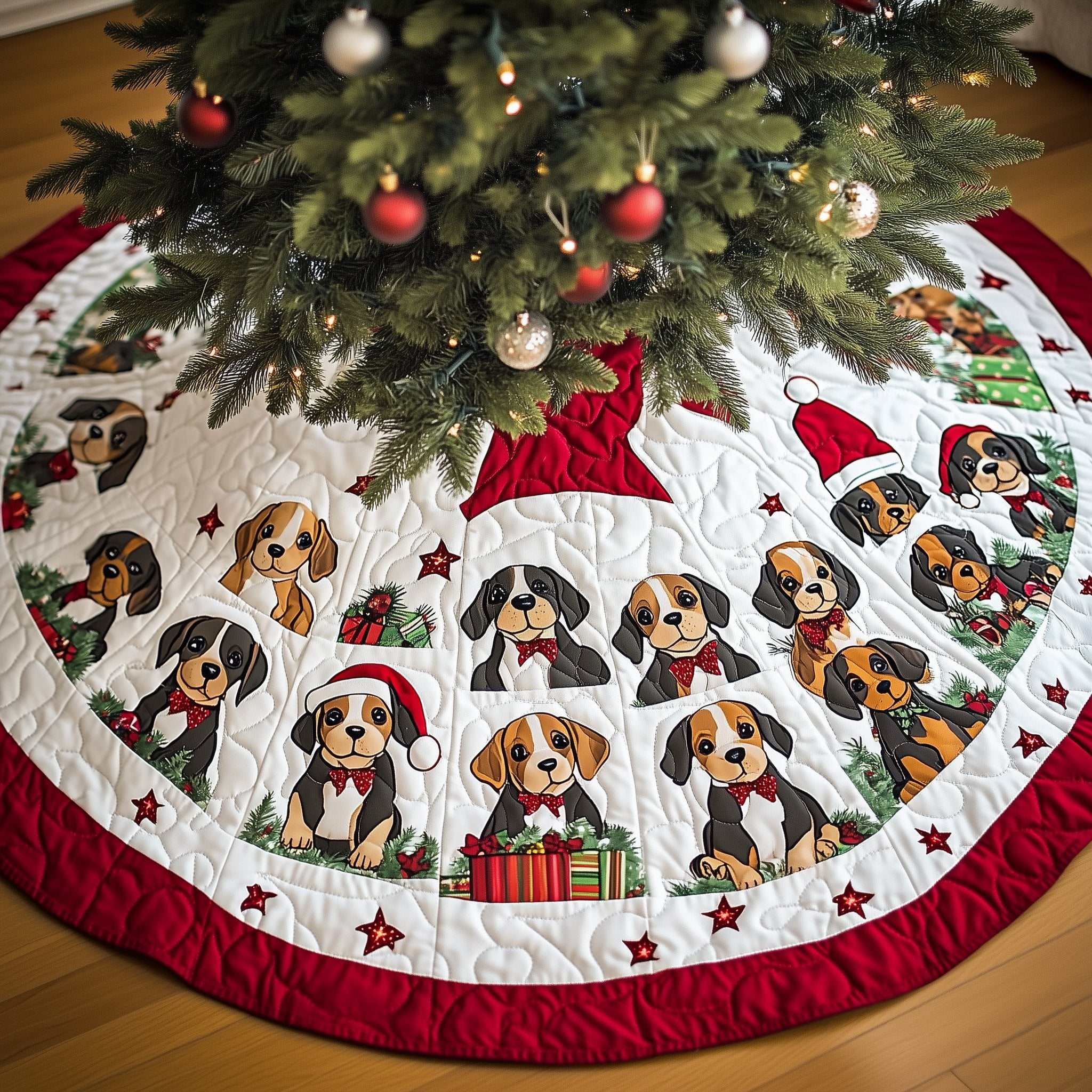Beagle Pups with Gifts on Snow Christmas Tree Skirt