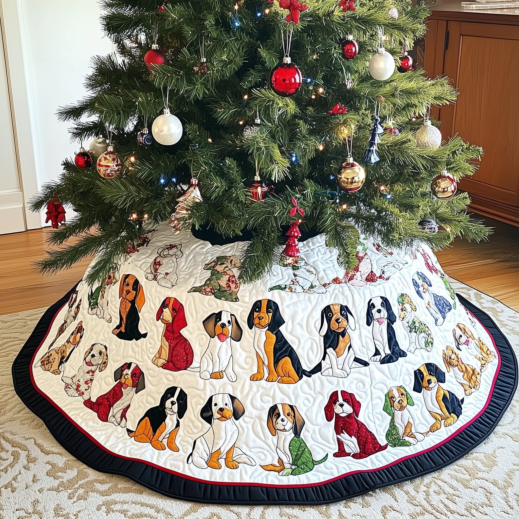 Beagle Line on the Navy Hem Christmas Tree Skirt