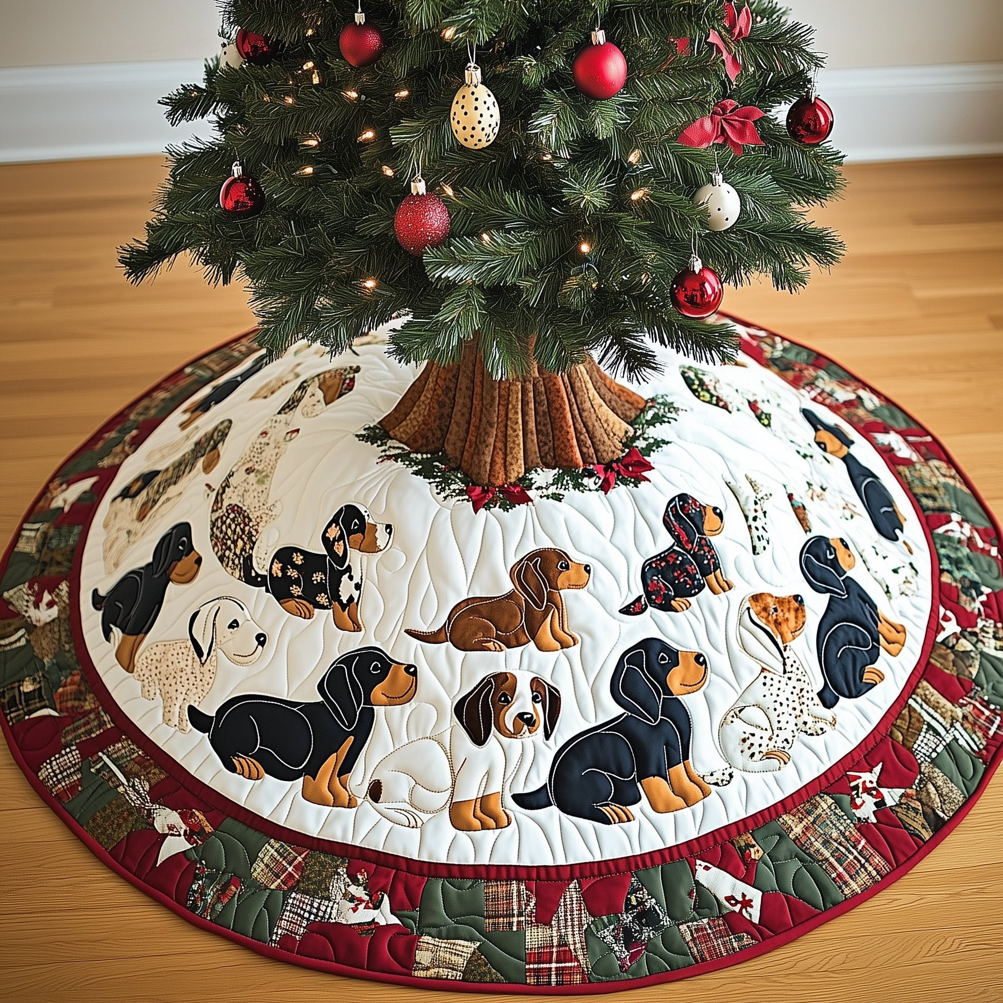 Beagles and Dachshunds on Wine Christmas Tree Skirt