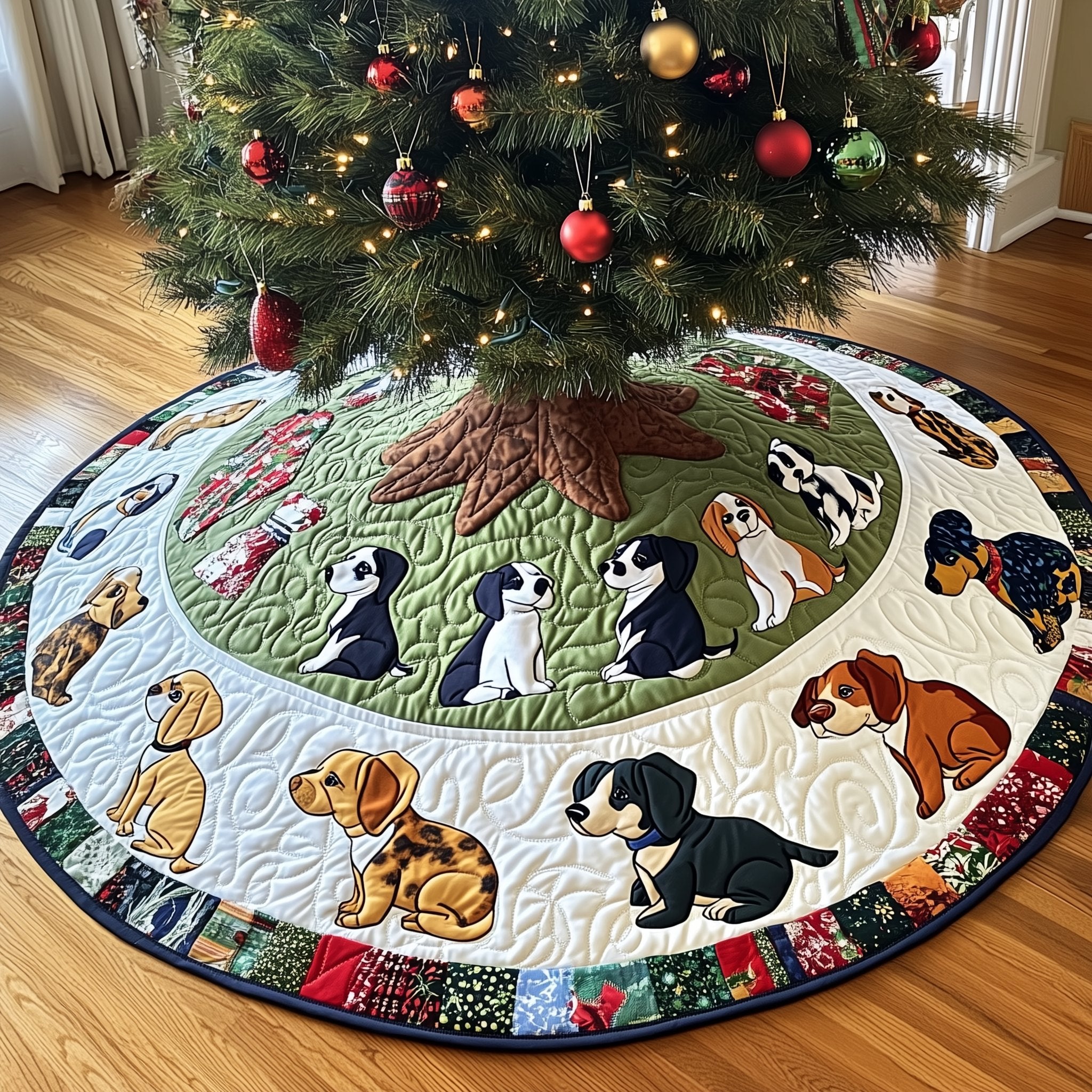 Puppies in the Green Meadow Ring Christmas Tree Skirt