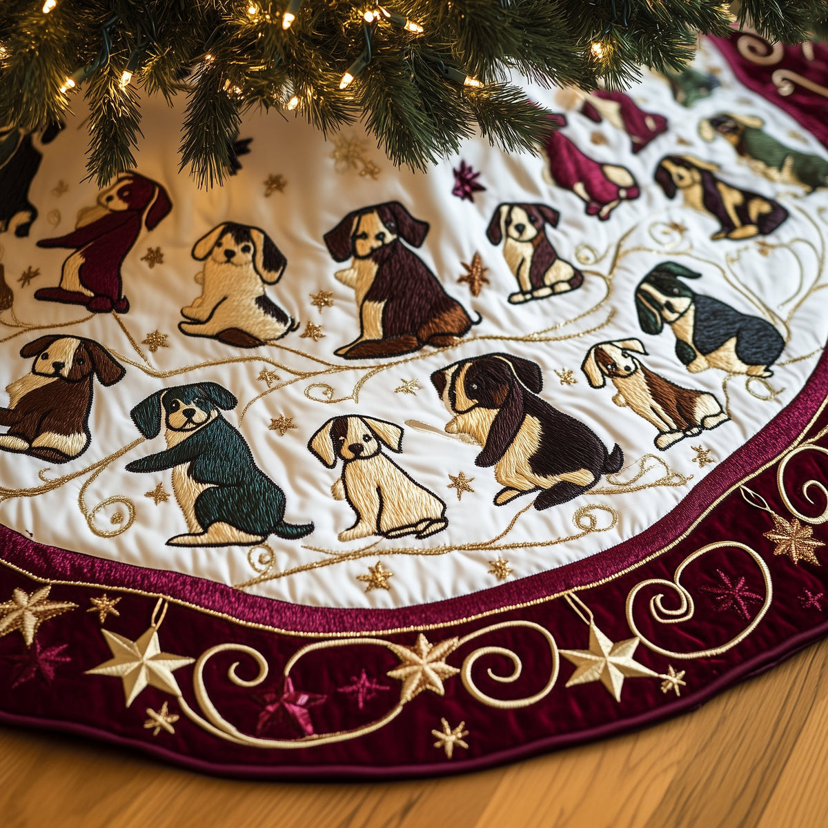 Beagle Pups on the Gold Star Rim Christmas Tree Skirt
