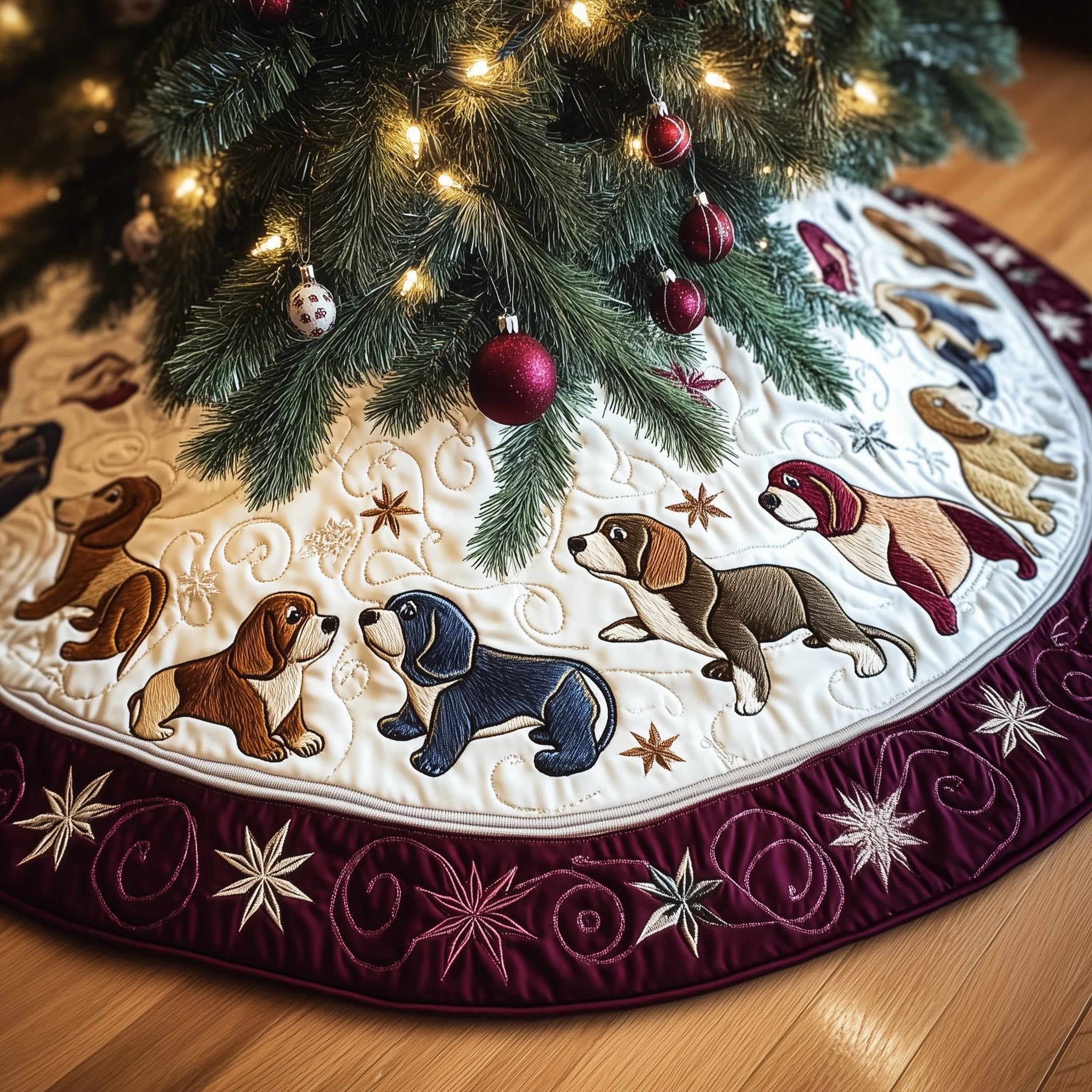 Beagles on the Snowflake Wine Band Christmas Tree Skirt