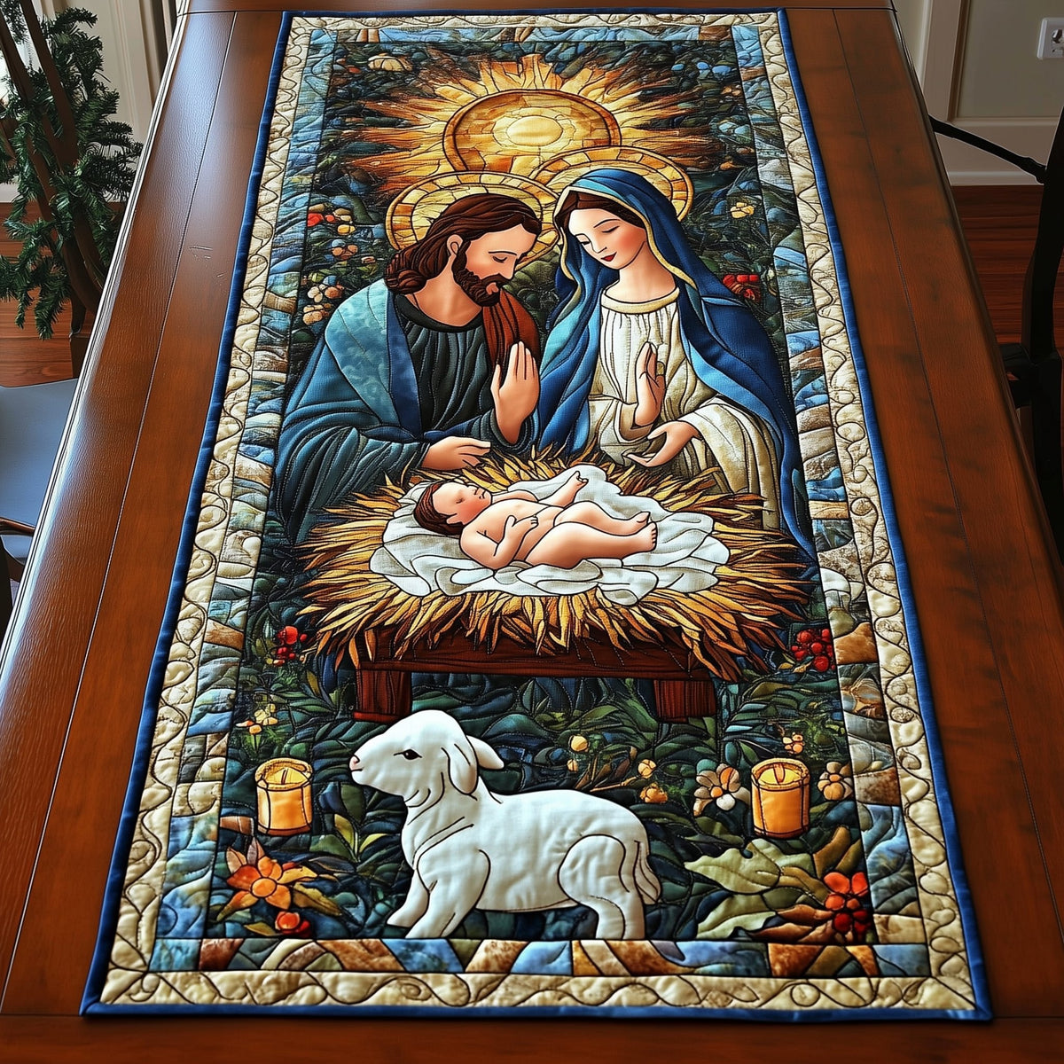 Nativity with Lamb and Wreath Table Runner
