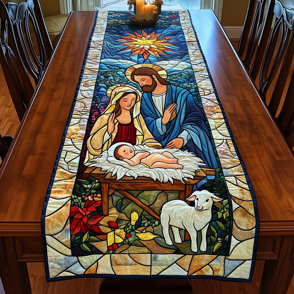 Stained Glass Nativity with Lamb Table Runner