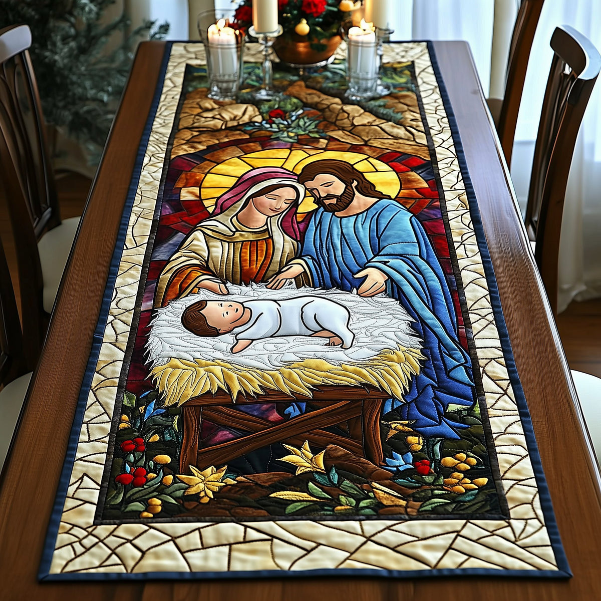Stained Glass Nativity on Cream Table Runner