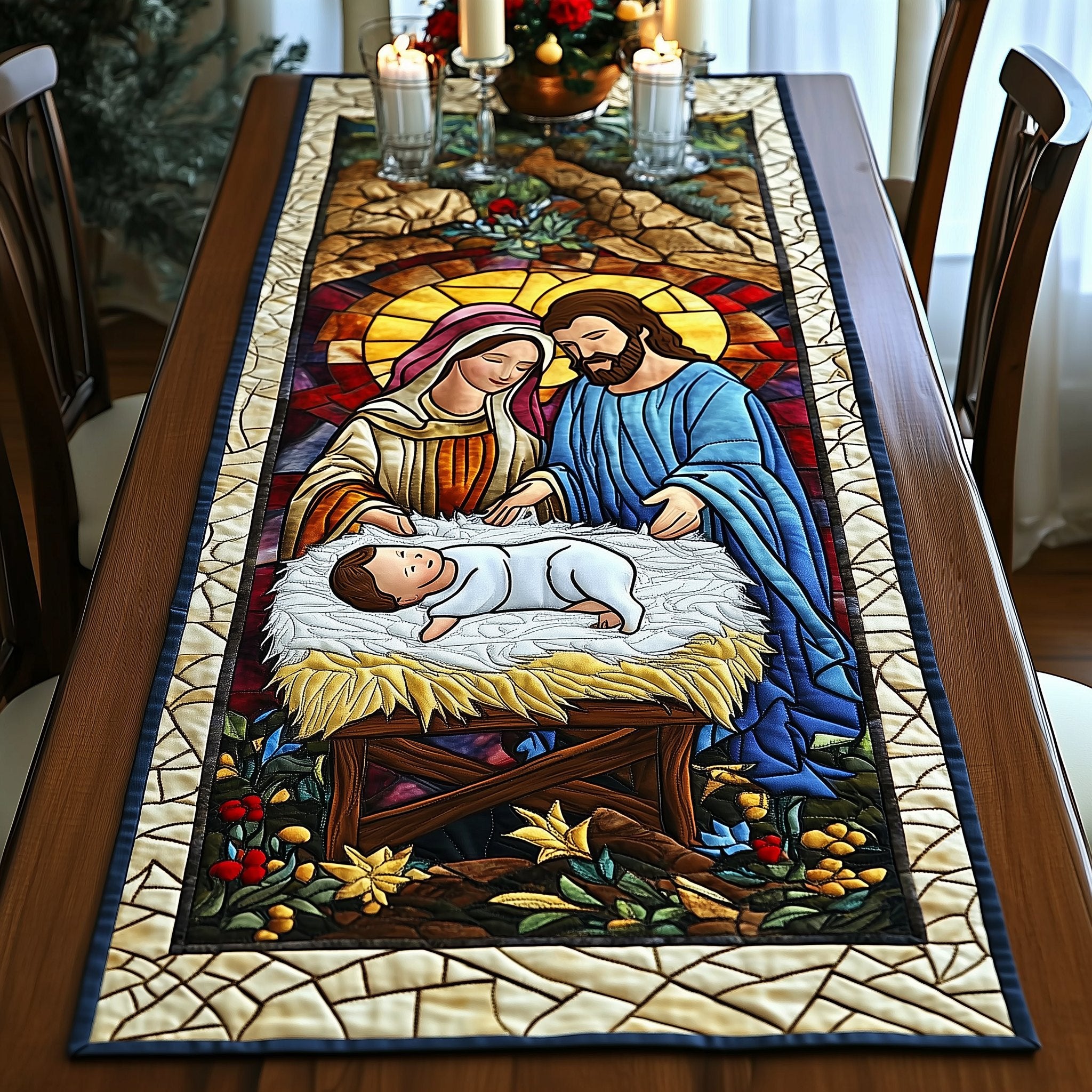 Stained Glass Nativity on Cream Table Runner