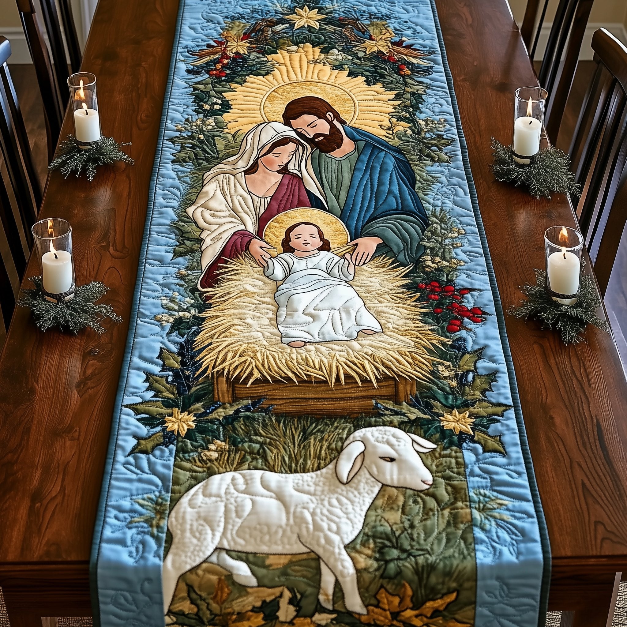 Nativity with White Lamb on Blue Table Runner