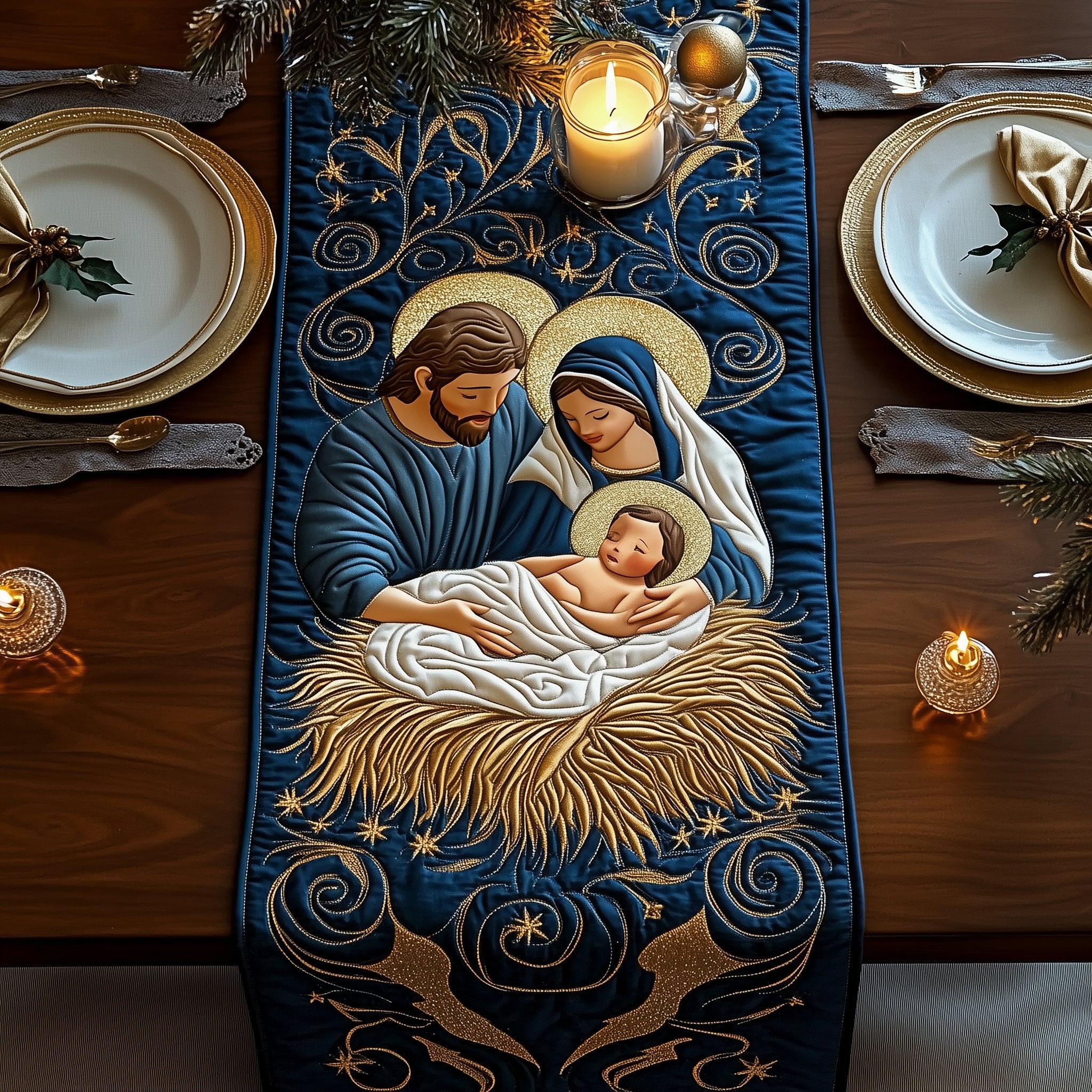 Nativity on Deep Blue Swirls Table Runner