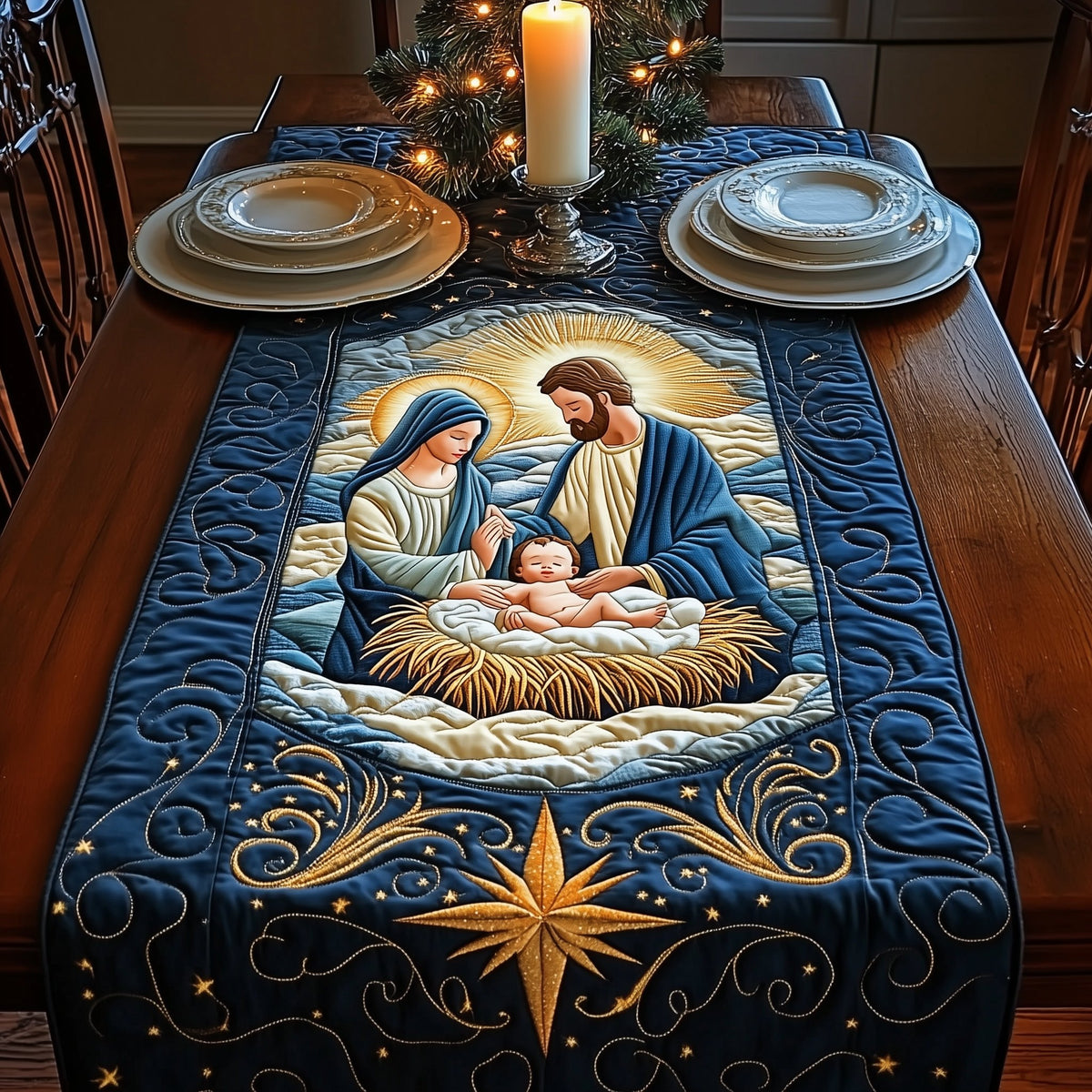 Nativity with Golden Star Above Table Runner
