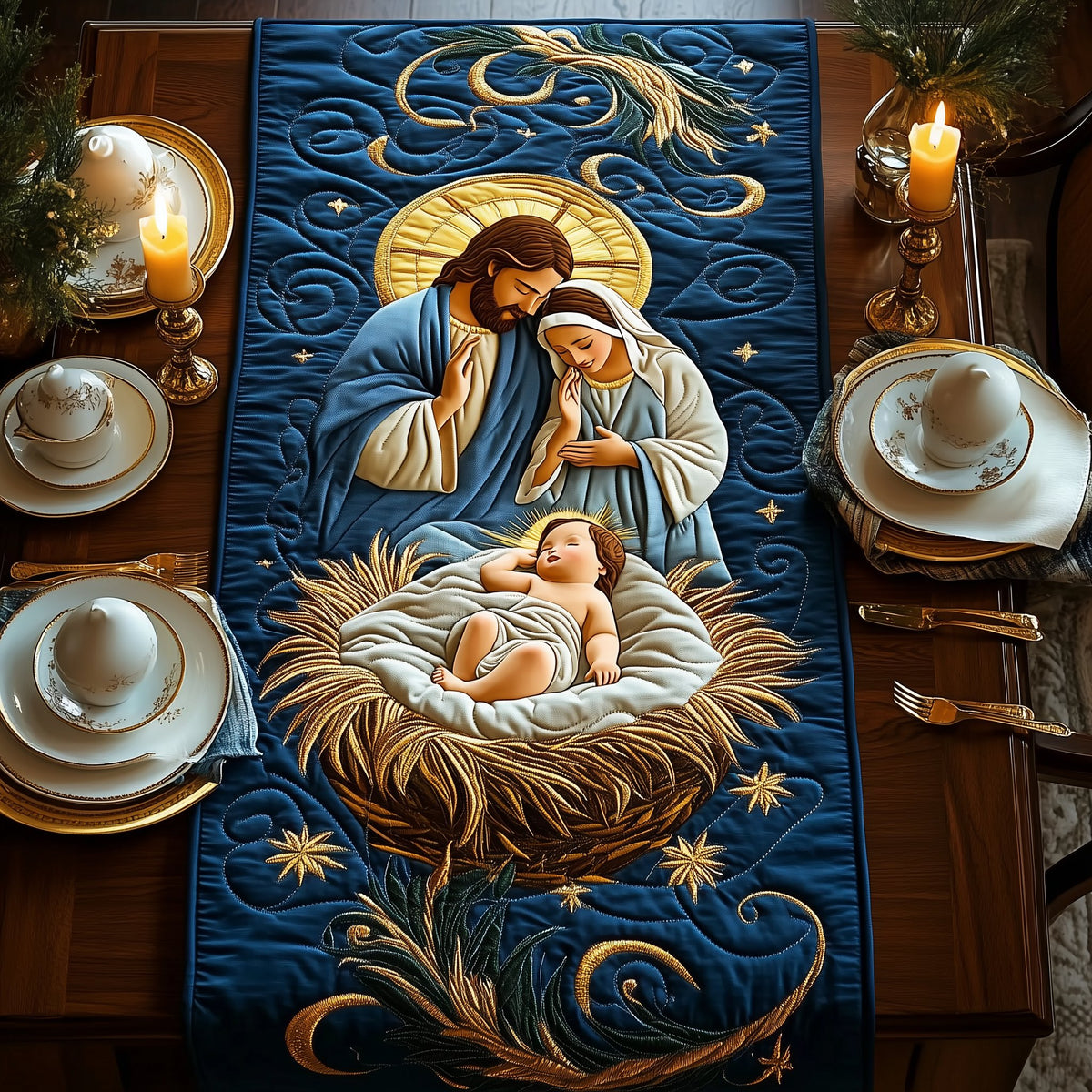 Nativity with Gold Star Scrolls Table Runner