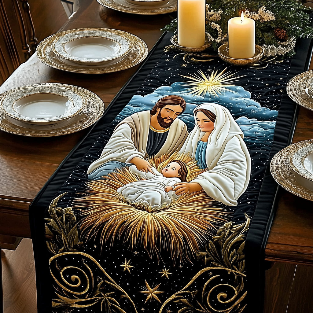 Nativity Under Comet on Black Table Runner
