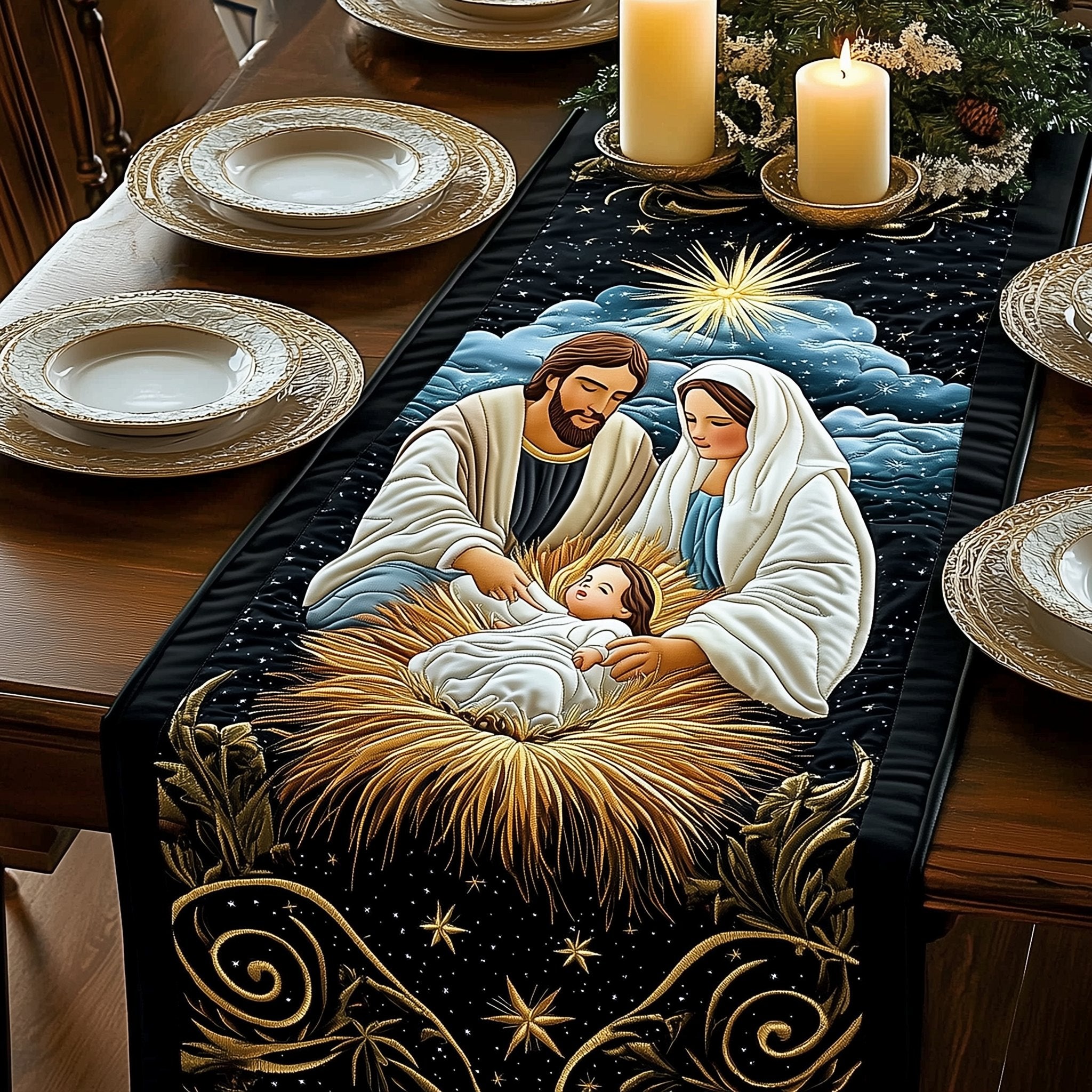 Nativity Under Comet on Black Table Runner