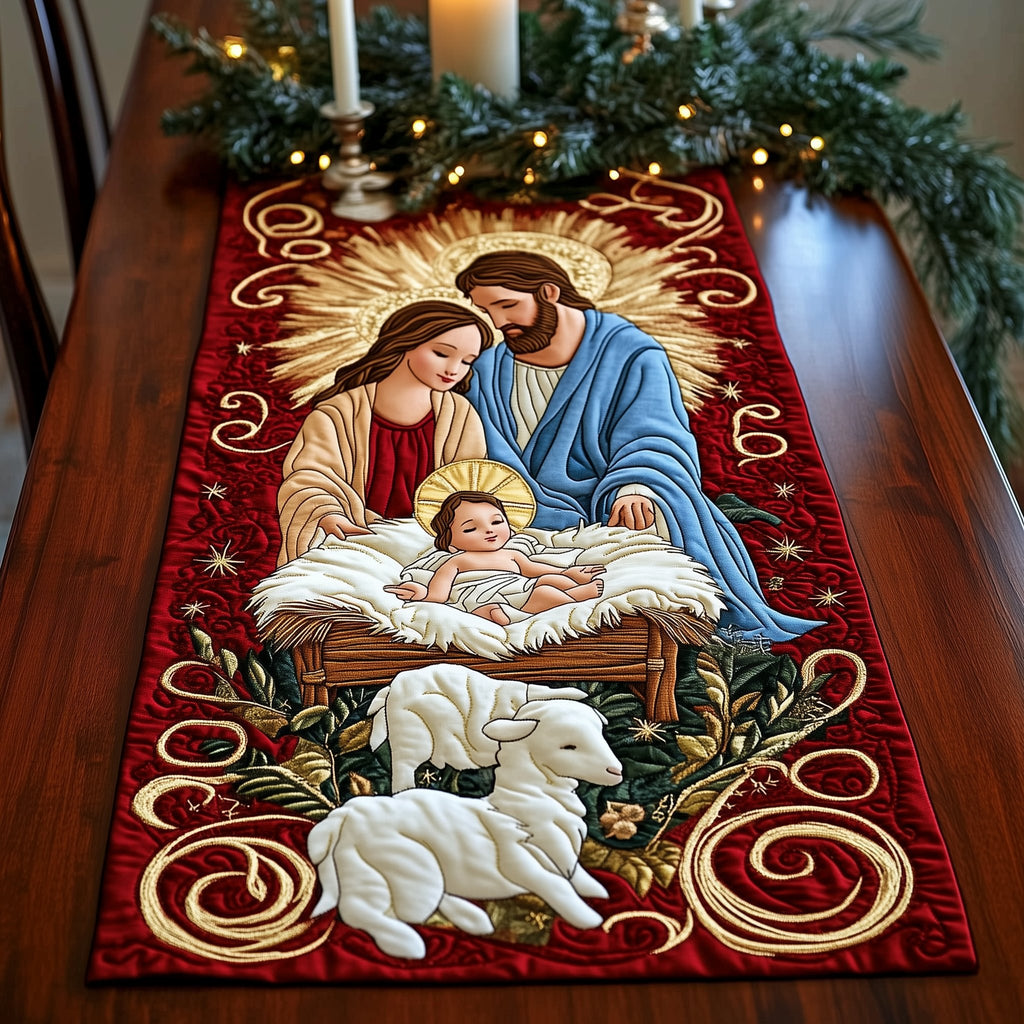 Nativity Scene on Deep Red Table Runner