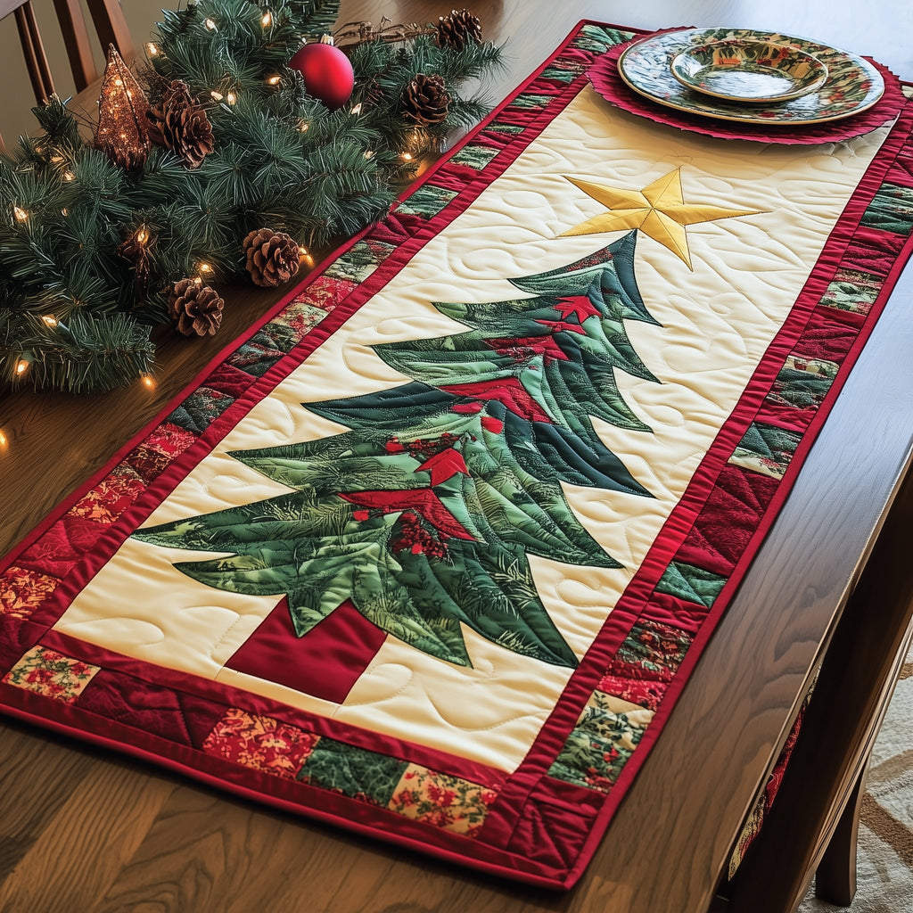 Tall Tree with Red Bow and Star Table Runner