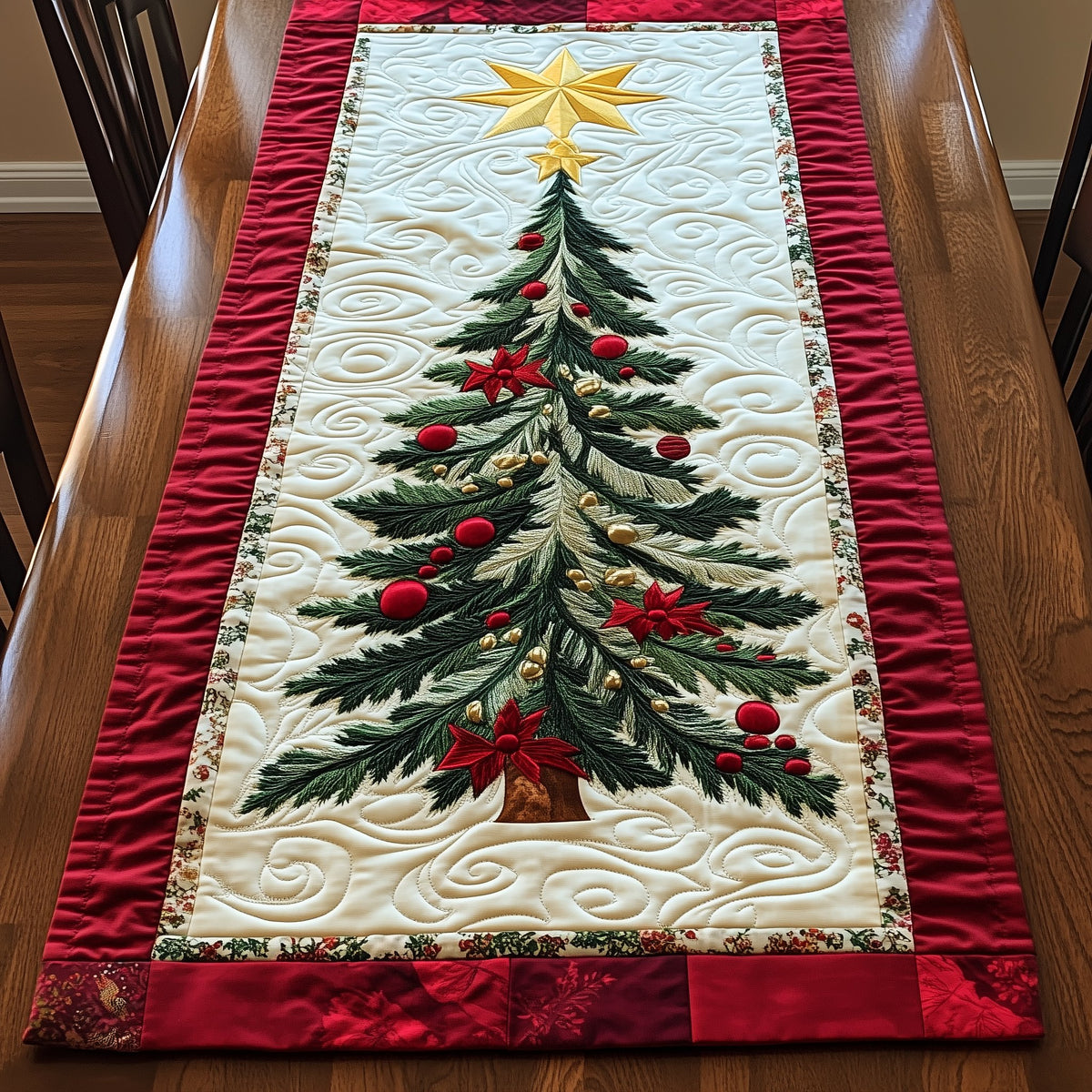 Tree with Red Baubles on Cream Table Runner