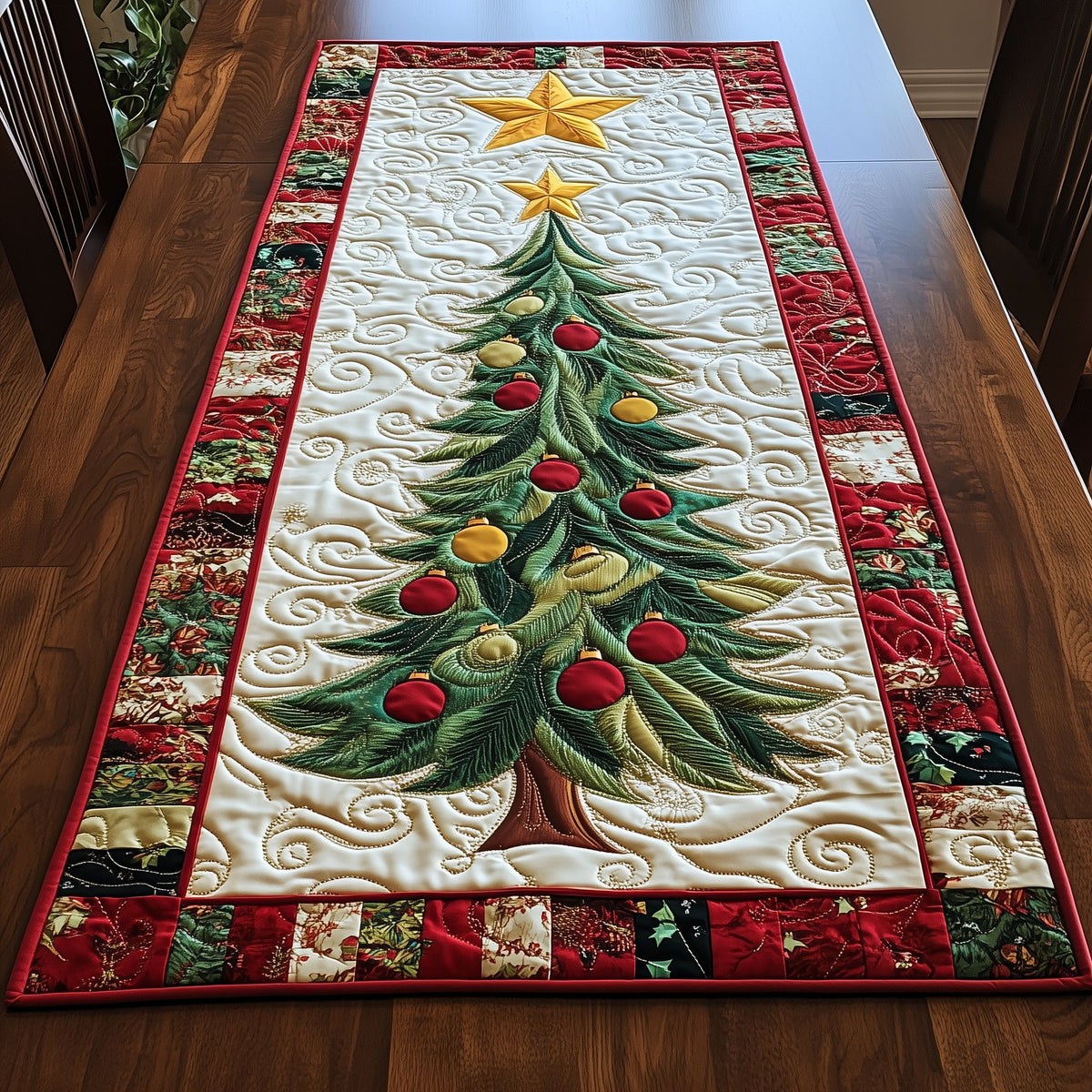 Tree with Gold and Red Ornaments Table Runner
