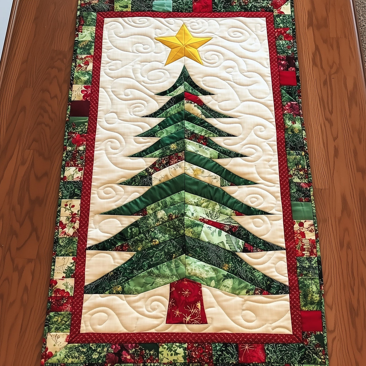 Pieced Green Tree on Cream Table Runner
