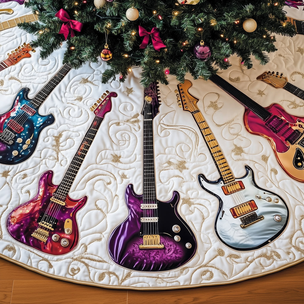 Guitars on the Gold Scroll White Christmas Tree Skirt