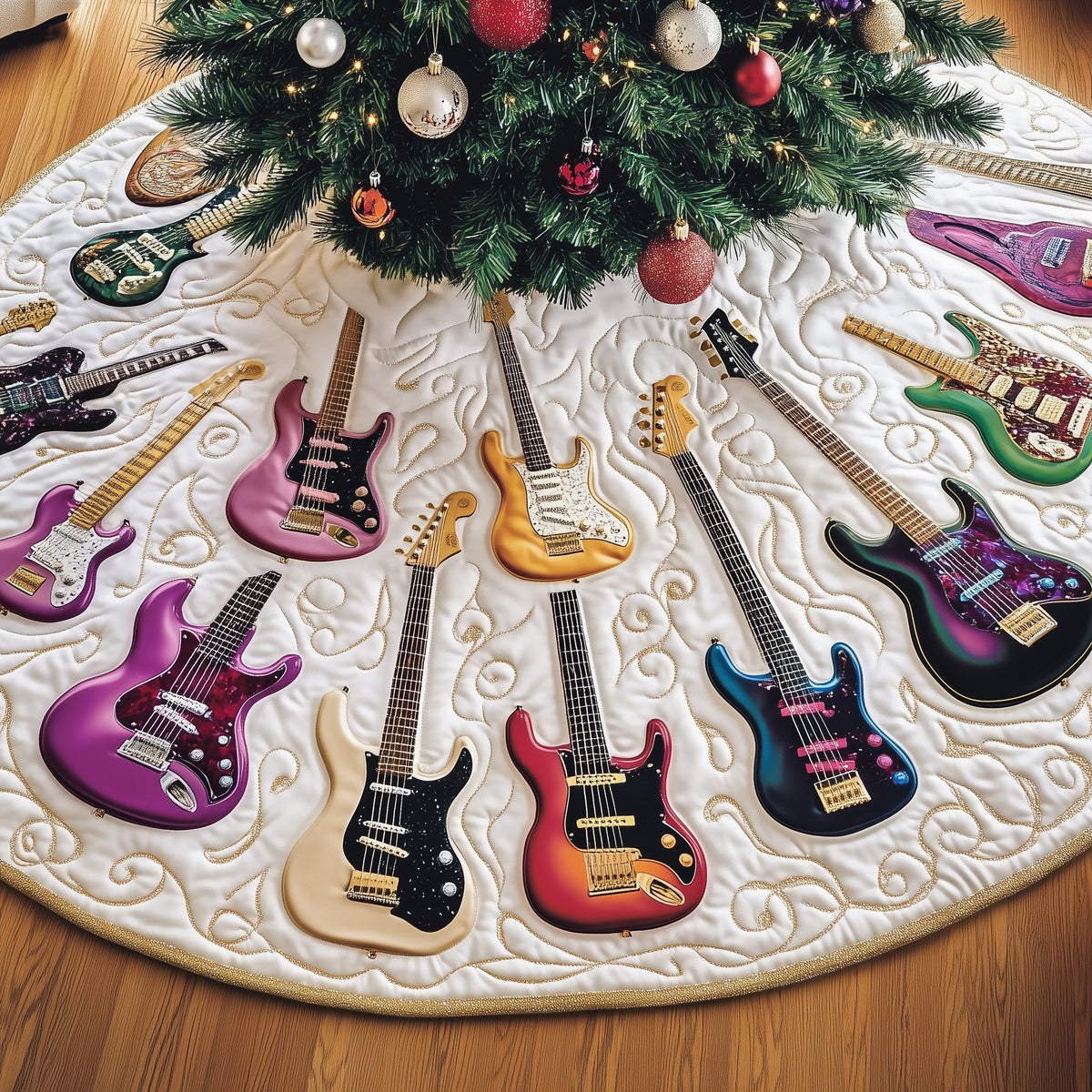 Purple and Pearl Guitar Trio Christmas Tree Skirt