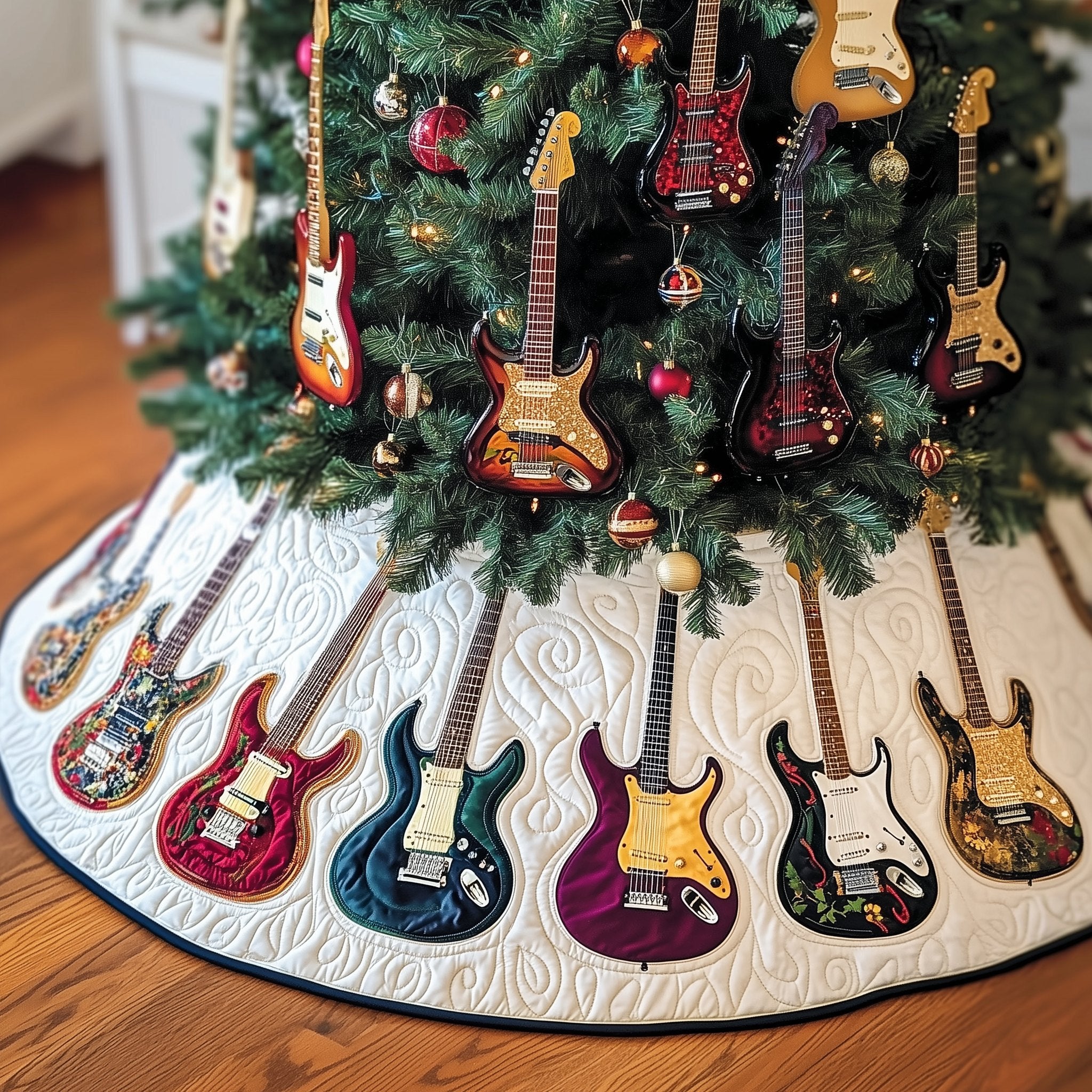 Jewel Guitars on the Rose Hem Christmas Tree Skirt