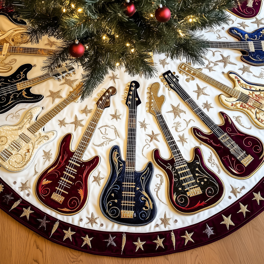 Guitars with Stars on Cream Christmas Tree Skirt