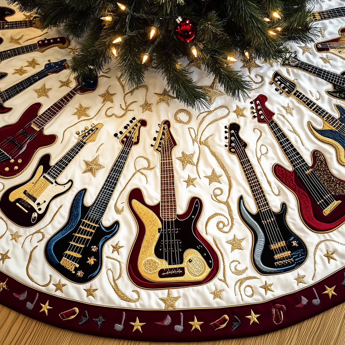 Guitars with Candy Cane Border Christmas Tree Skirt