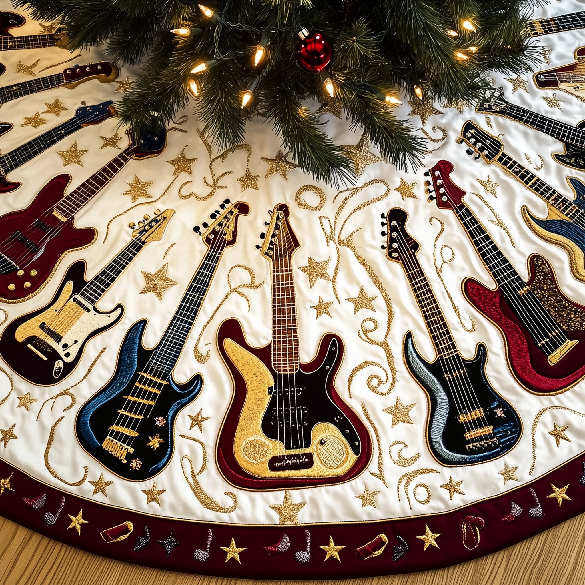 Guitars with Candy Cane Border Christmas Tree Skirt