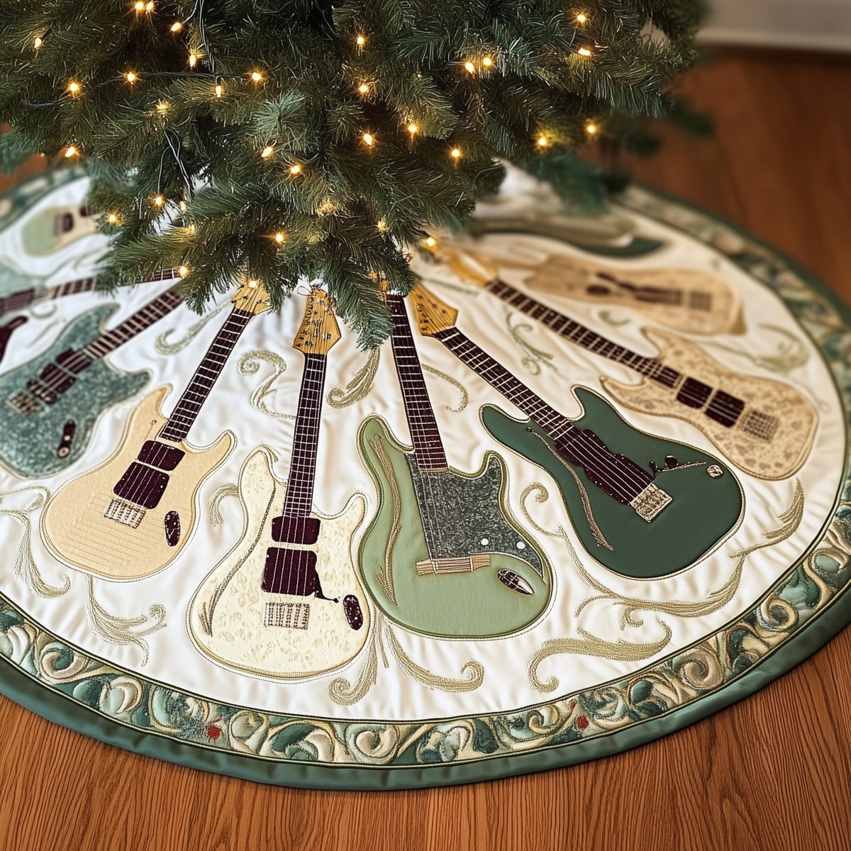 Guitars on White with Sage Border Christmas Tree Skirt