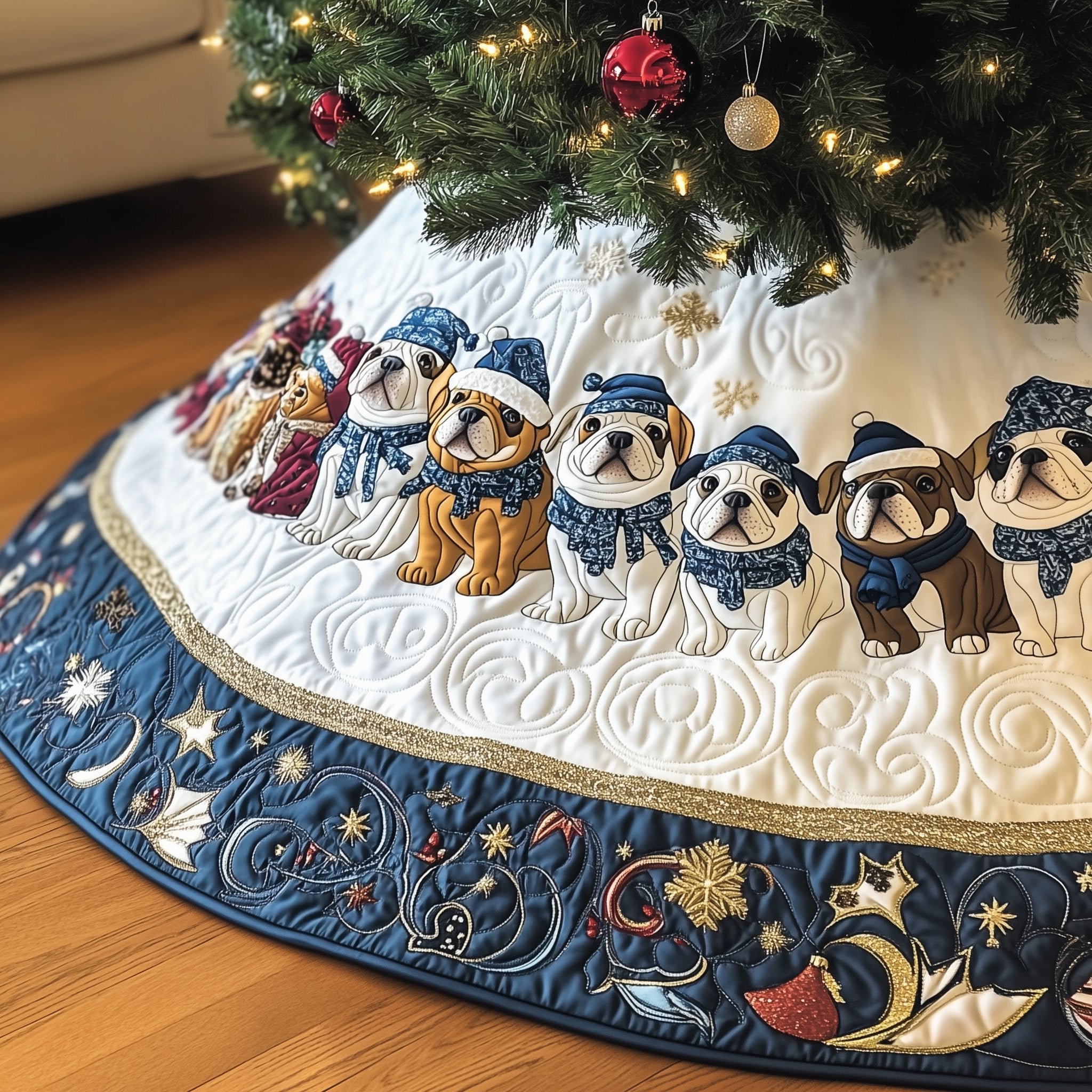 Bulldogs in Blue Hats and Scarves Christmas Tree Skirt