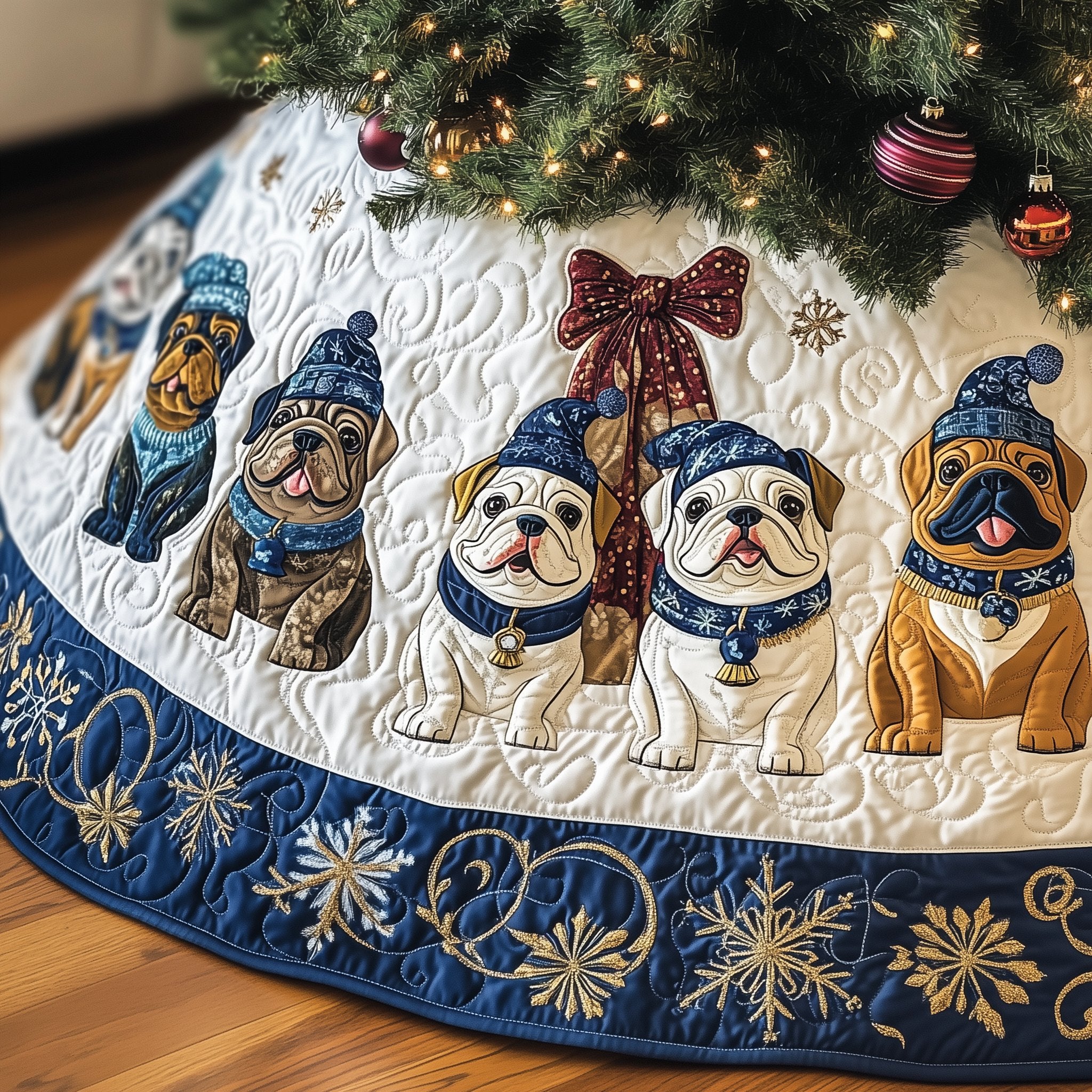 Bulldogs with the Snowflake Border Christmas Tree Skirt
