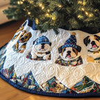 Bulldogs in Plaid Hats on Patchwork Christmas Tree Skirt