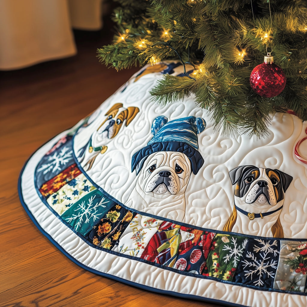 Bulldogs in Knit Hats with Patch Rim Christmas Tree Skirt