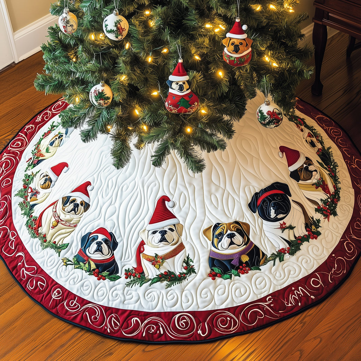 Bulldogs in Santa Hats on White Christmas Tree Skirt
