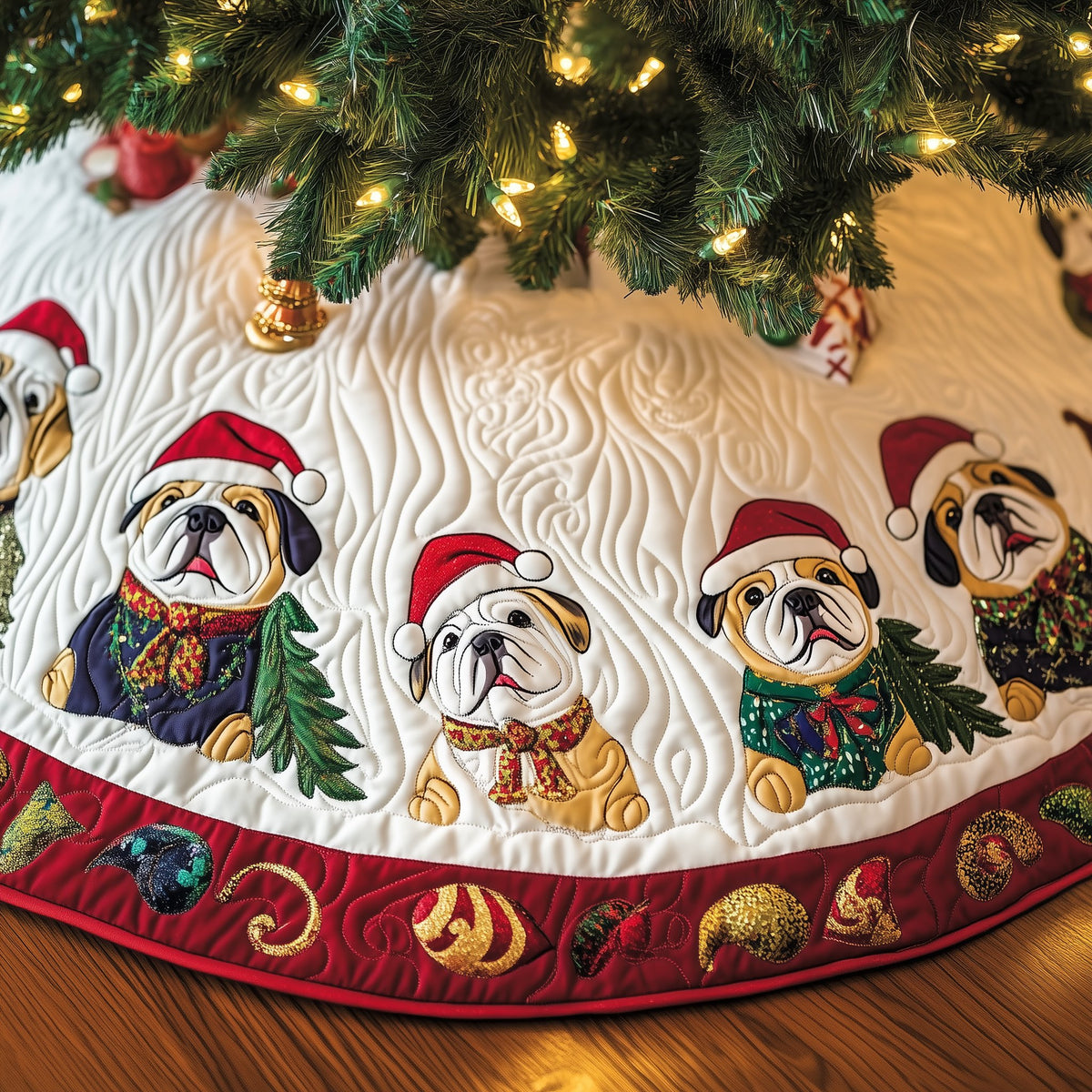 Bulldogs on the Fairy Light Hem Christmas Tree Skirt