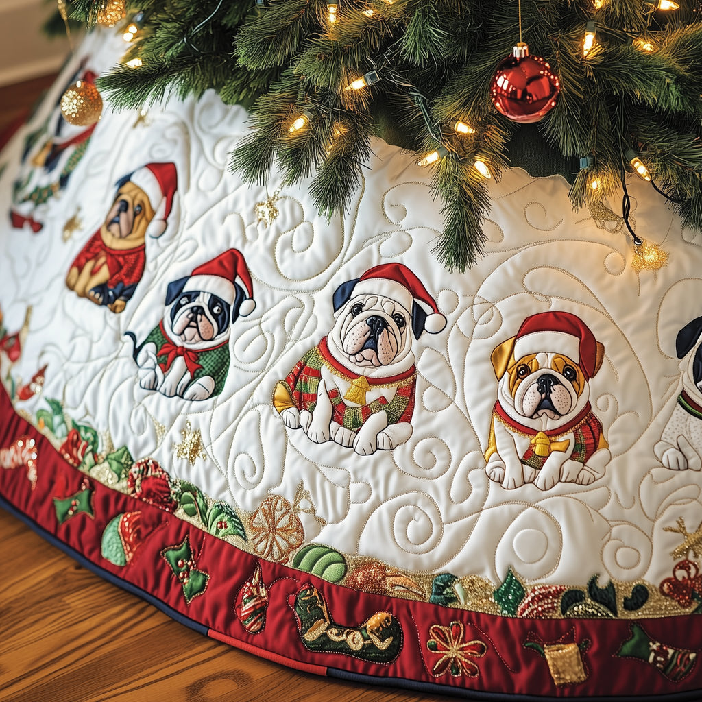 Bulldogs in Hats on Ivory Quilt Christmas Tree Skirt